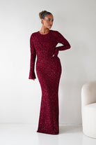 Oh Hello Clothing Dresses Bertina Long Sleeve Sequin Maxi Gown | Burgundy