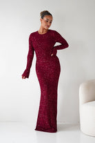 Oh Hello Clothing Dresses Bertina Long Sleeve Sequin Maxi Gown | Burgundy