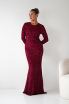 Oh Hello Clothing Dresses Bertina Long Sleeve Sequin Maxi Gown | Burgundy
