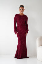Oh Hello Clothing Dresses Bertina Long Sleeve Sequin Maxi Gown | Burgundy