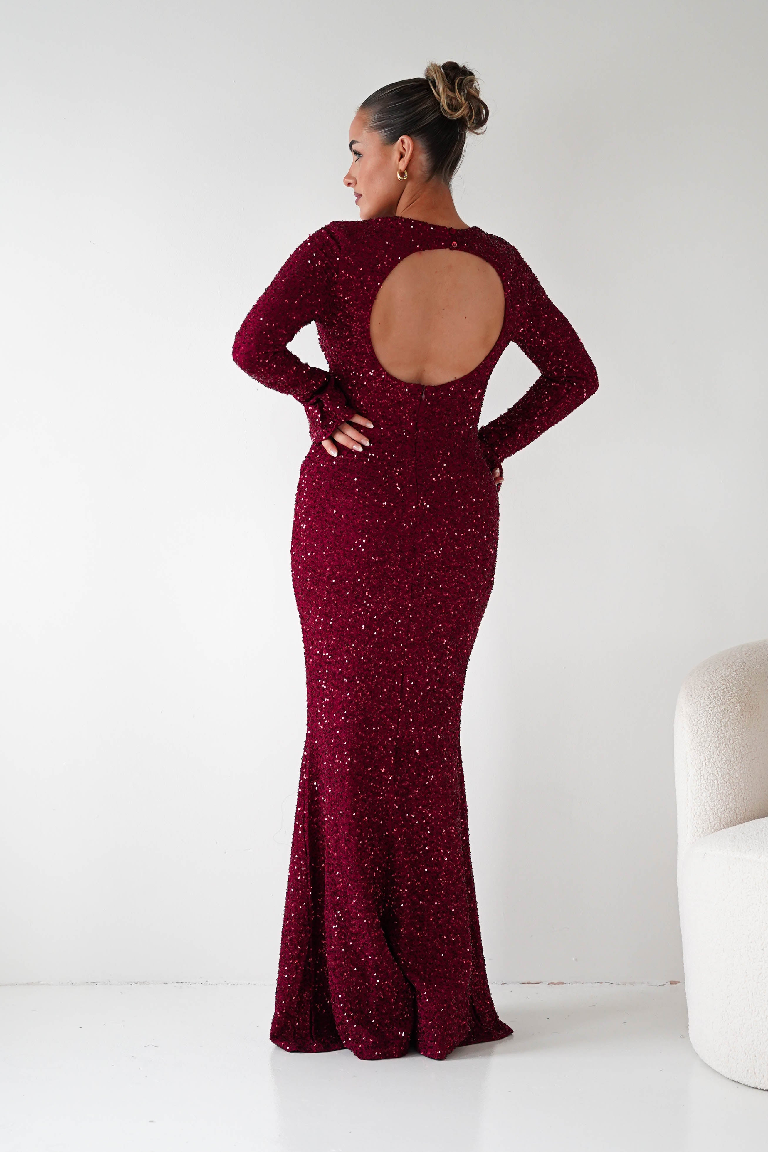 Oh Hello Clothing Dresses Bertina Long Sleeve Sequin Maxi Gown | Burgundy