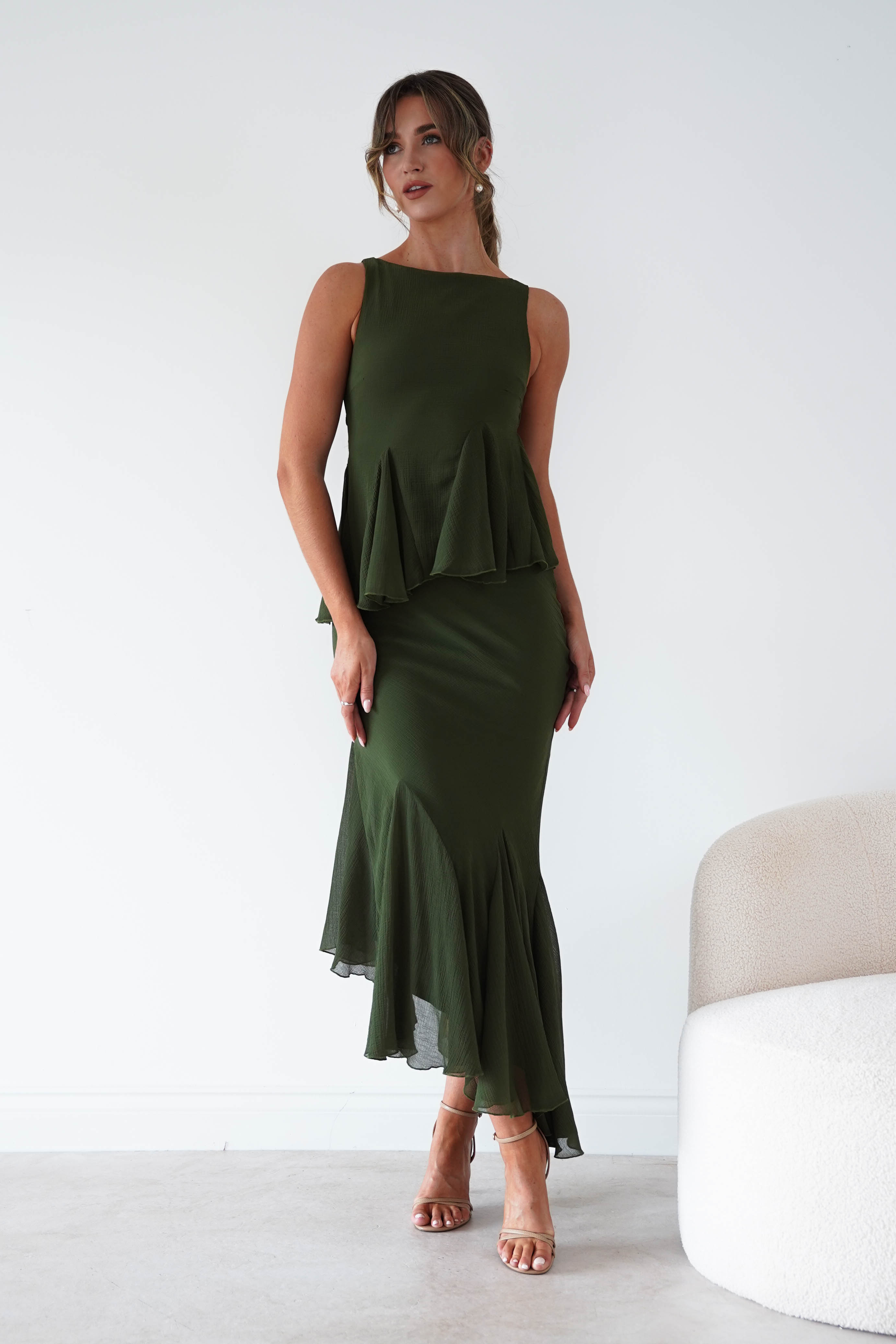 Oh Hello Clothing Women > Clothing > Dresses Bianca Peplum Ruffle Midi Dress | Dark Olive