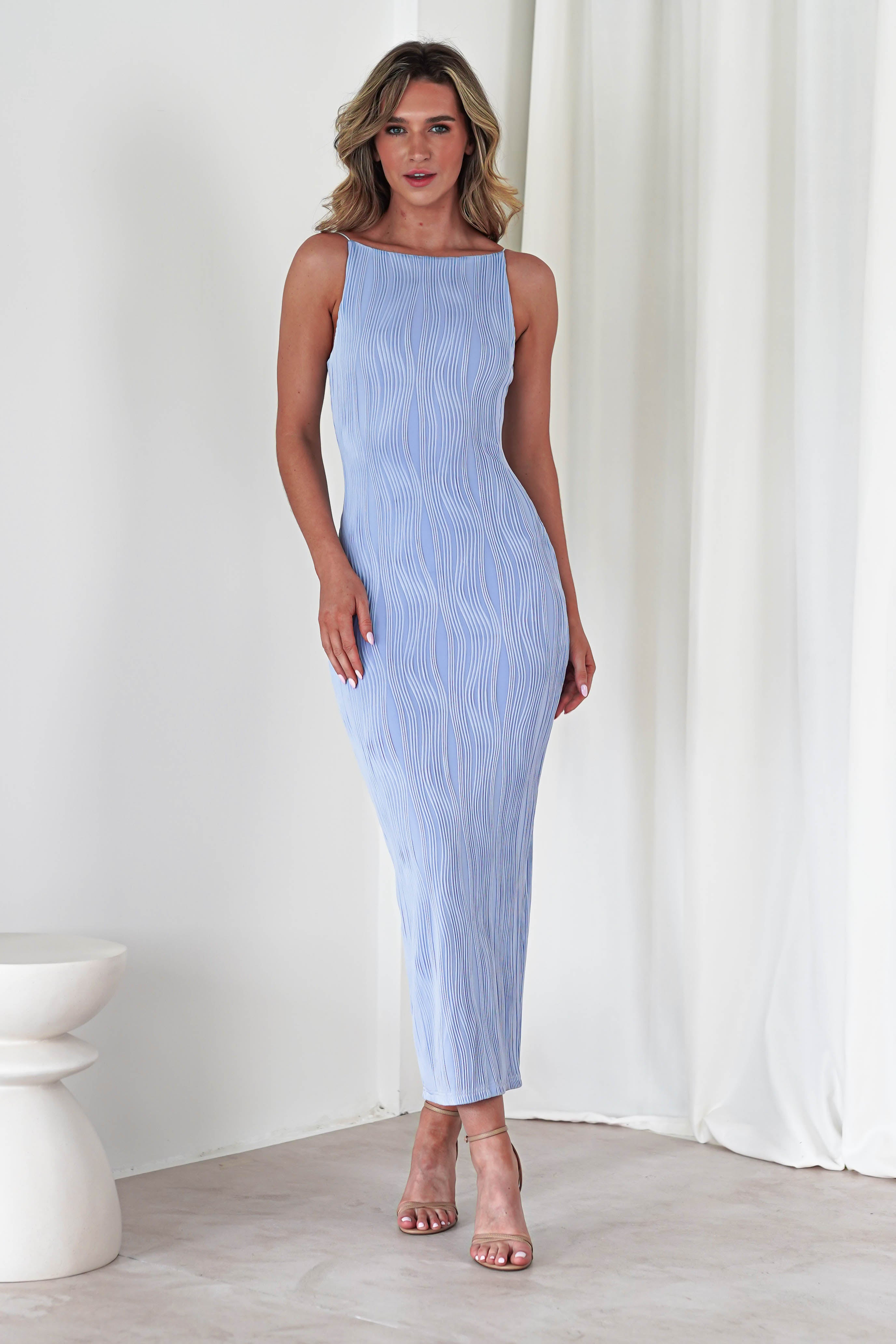 Brighton Textured Bodycon Midaxi Dress Blue | Wedding Guest Dress | Bodycon | Oh Hello Clothing