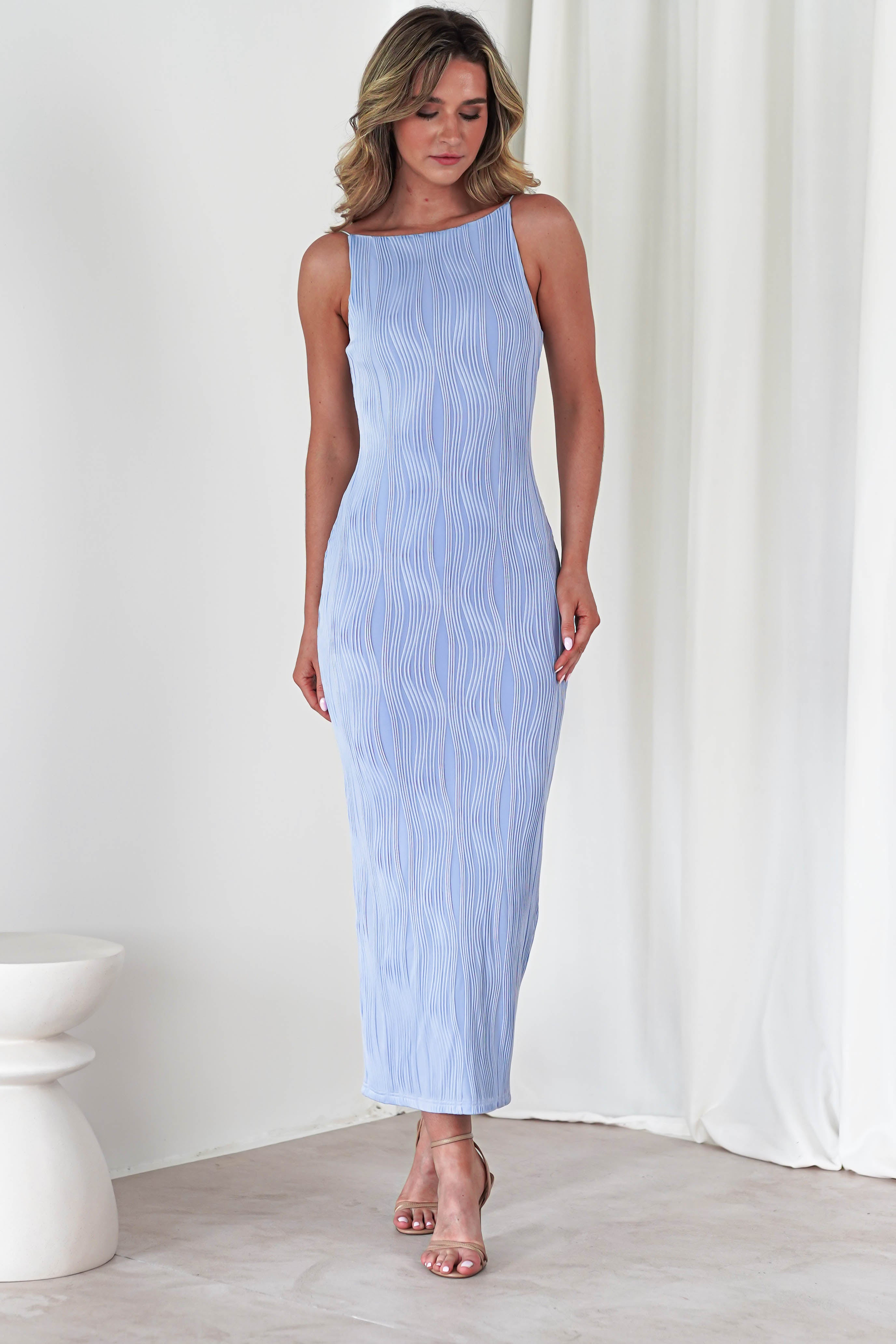 Brighton Textured Bodycon Midaxi Dress Blue | Wedding Guest Dress | Bodycon | Oh Hello Clothing
