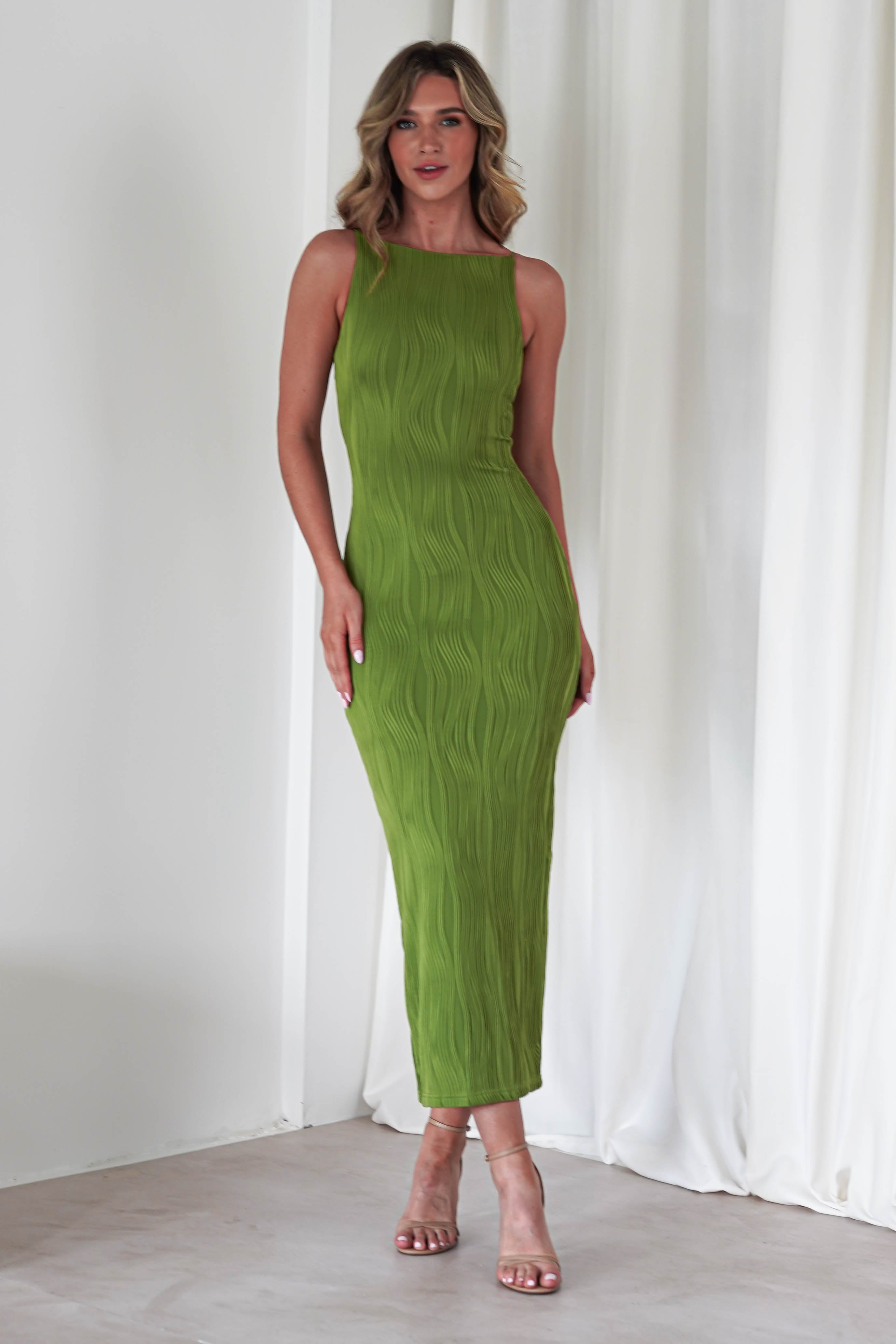 Brighton Textured Bodycon Midaxi Dress Green | Wedding Guest Dress | Bodycon | Oh Hello Clothing