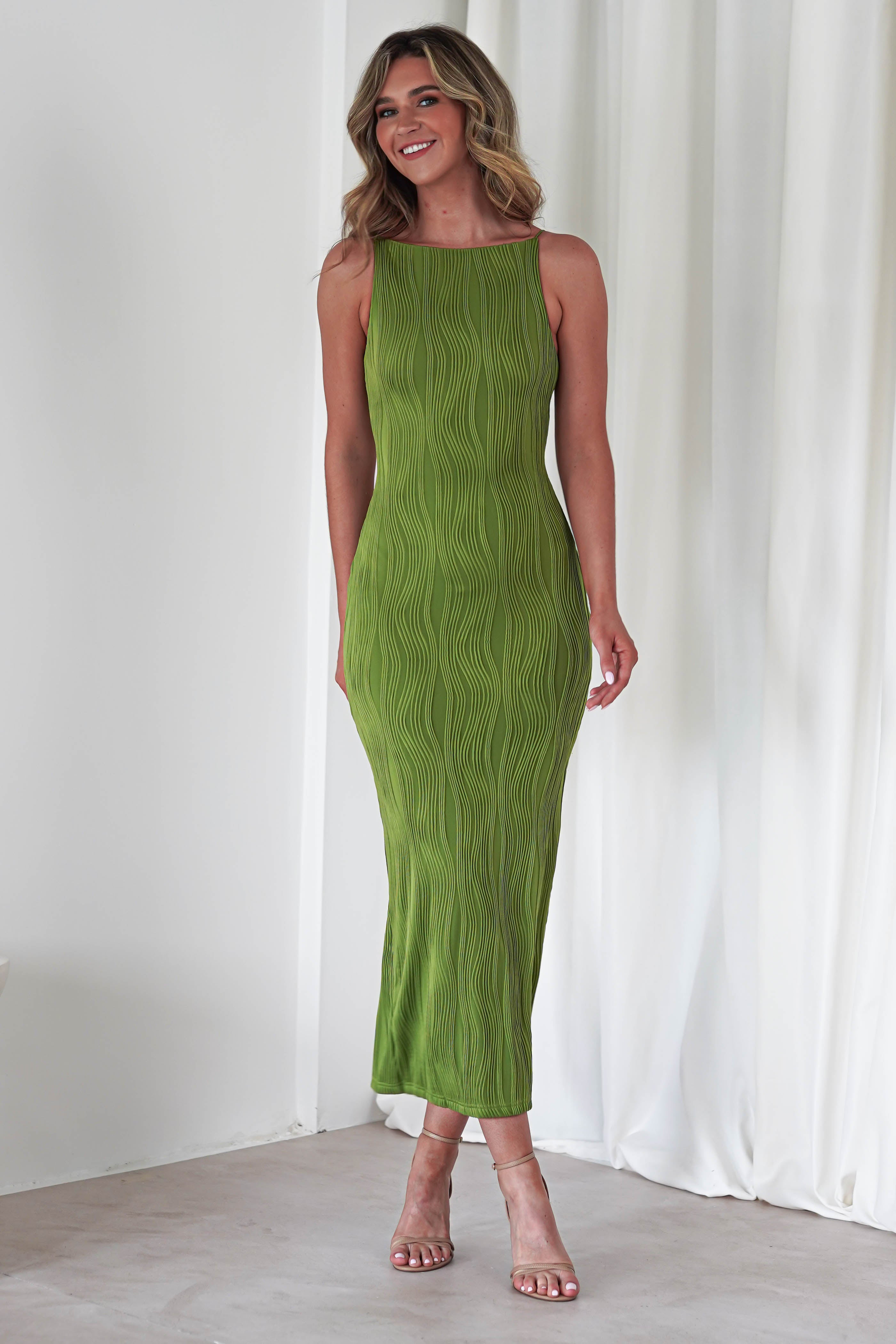 Brighton Textured Bodycon Midaxi Dress Green | Wedding Guest Dress | Bodycon | Oh Hello Clothing