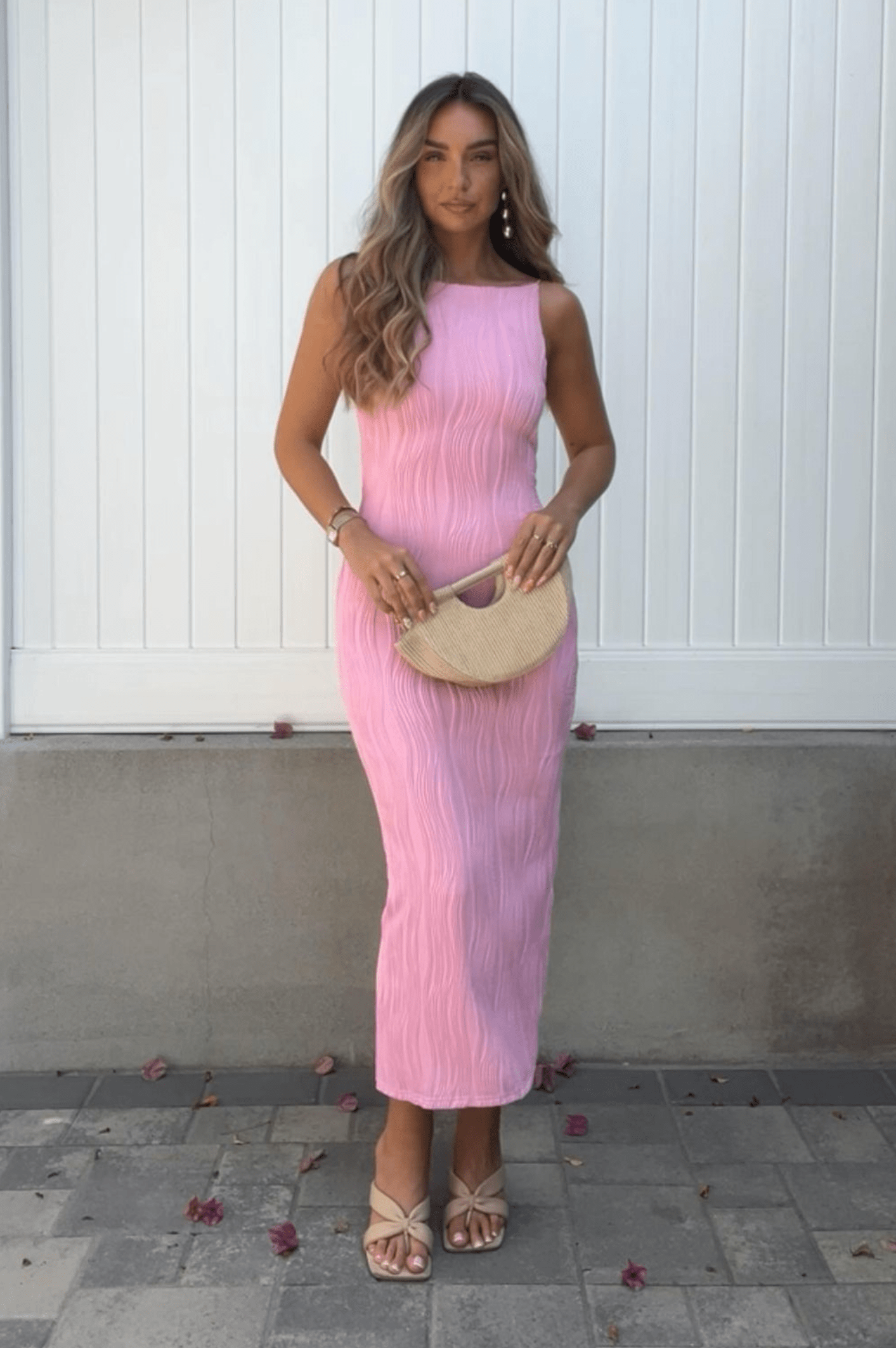 Brighton Textured Bodycon Midaxi Dress Pink | Wedding Guest Dress | Bodycon | Oh Hello Clothing