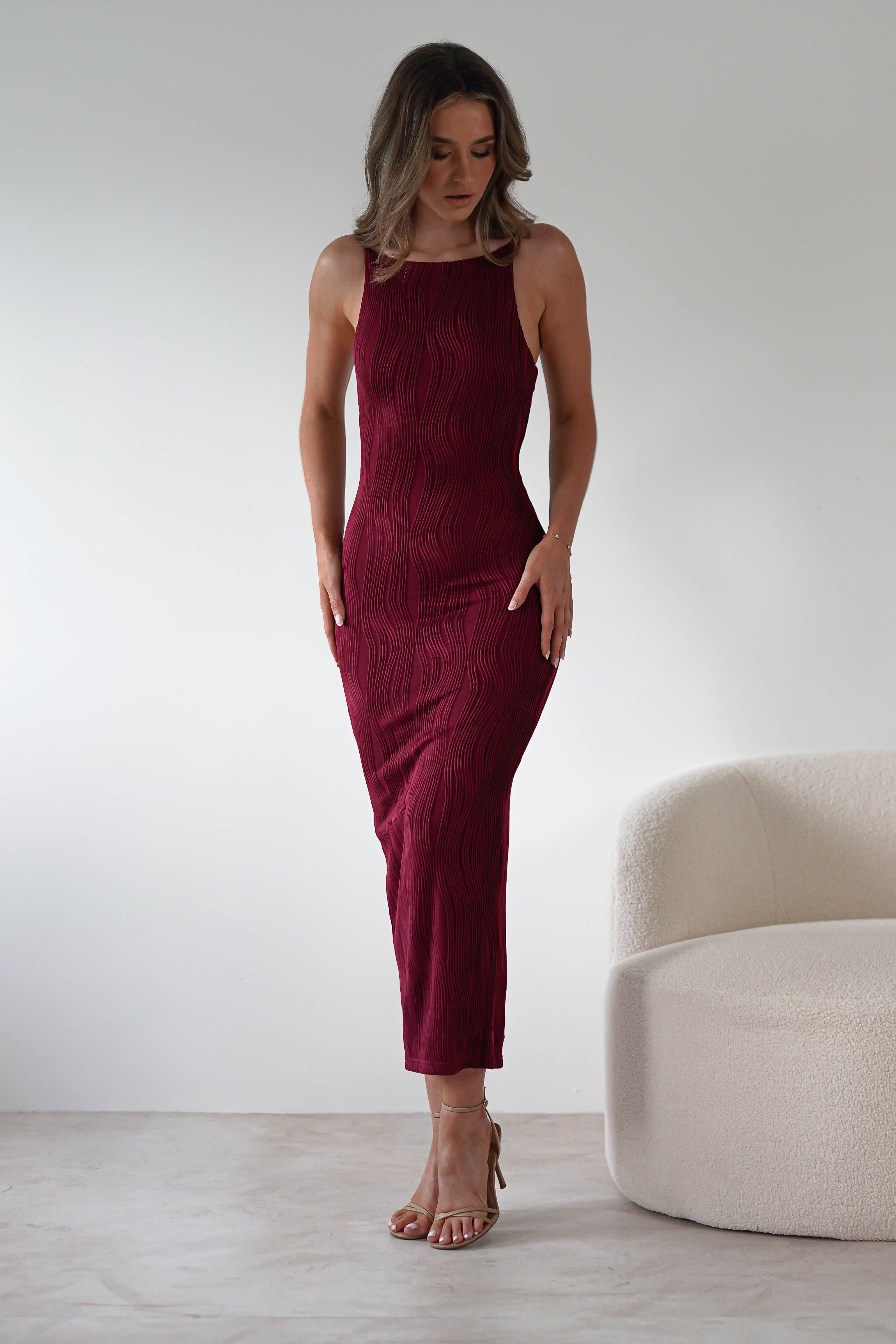 Brighton Textured Bodycon Midaxi Dress Wine | Wedding Guest Dress | Bodycon | Oh Hello Clothing