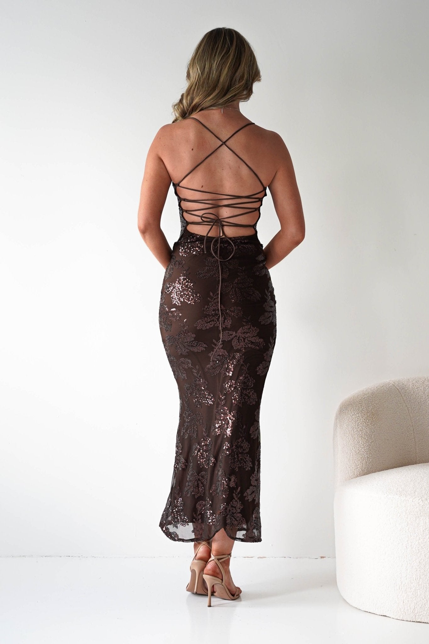 Calle Bodycon Sequin Maxi Dress | Brown | Party | Formal Dress | Oh Hello Clothing