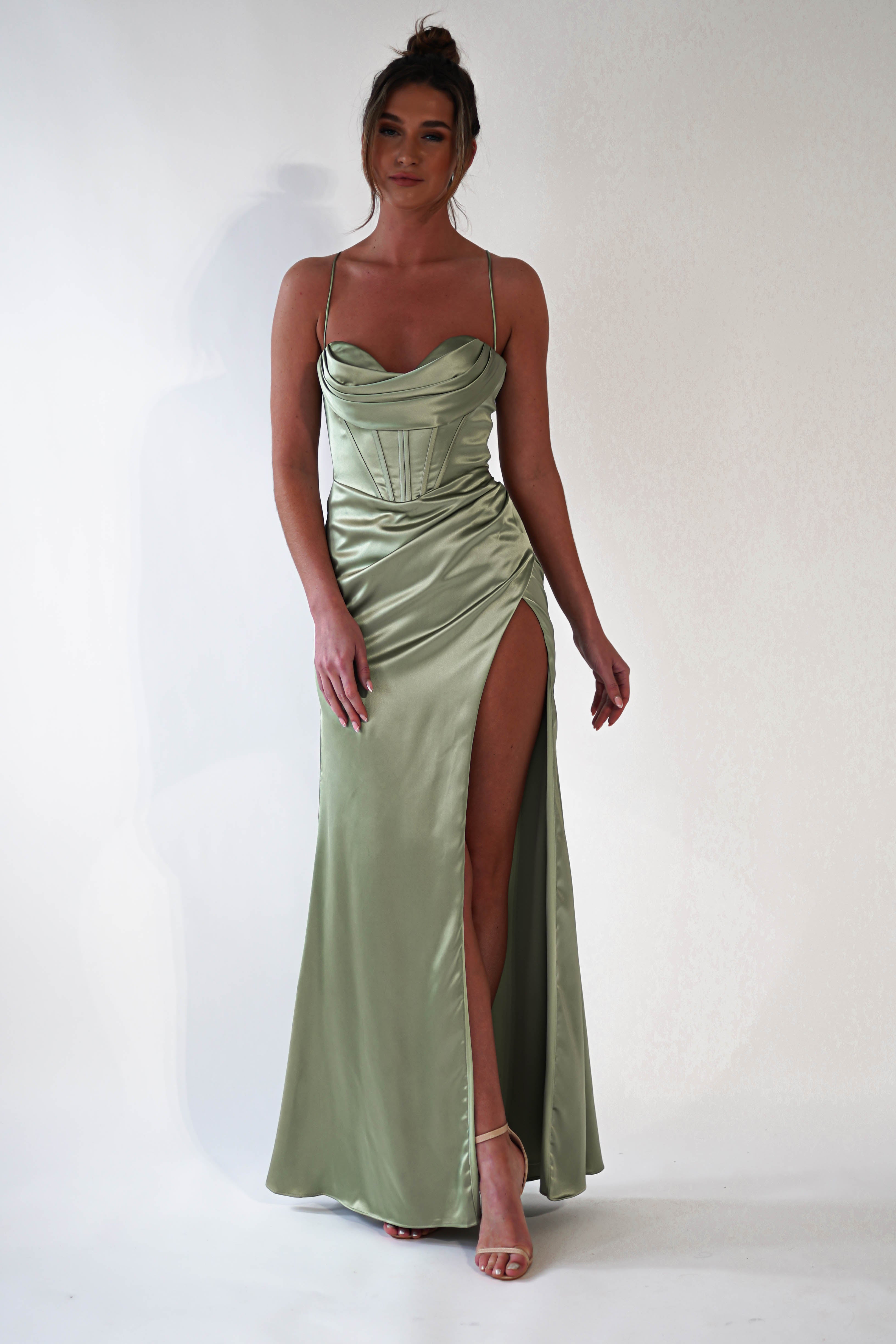 Julianne Corset Satin Gown | Sage | Debs & Prom | Formal Gown | Oh Hello Clothing