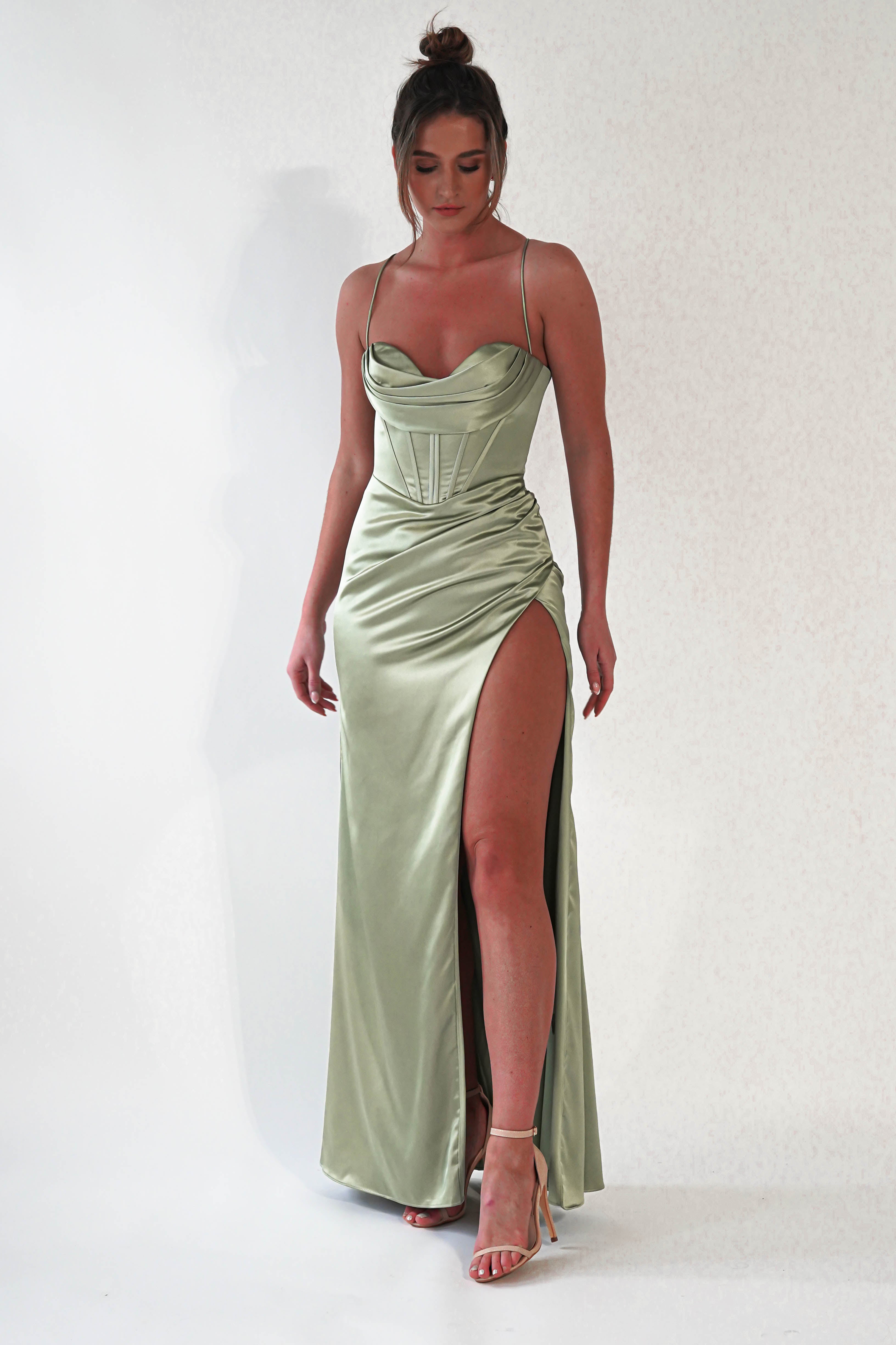 Julianne Corset Satin Gown | Sage | Debs & Prom | Formal Gown | Oh Hello Clothing