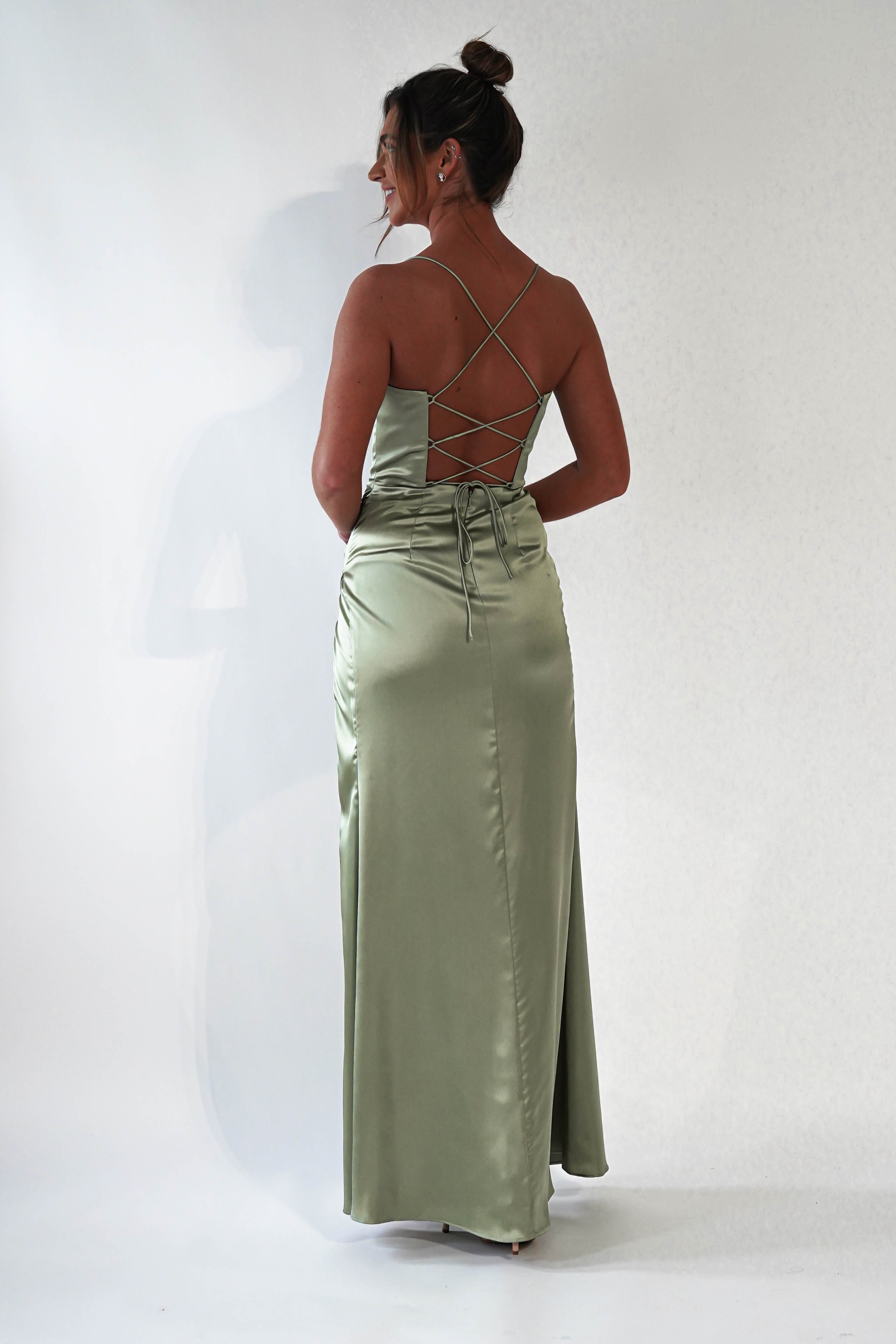 Julianne Corset Satin Gown | Sage | Debs & Prom | Formal Gown | Oh Hello Clothing