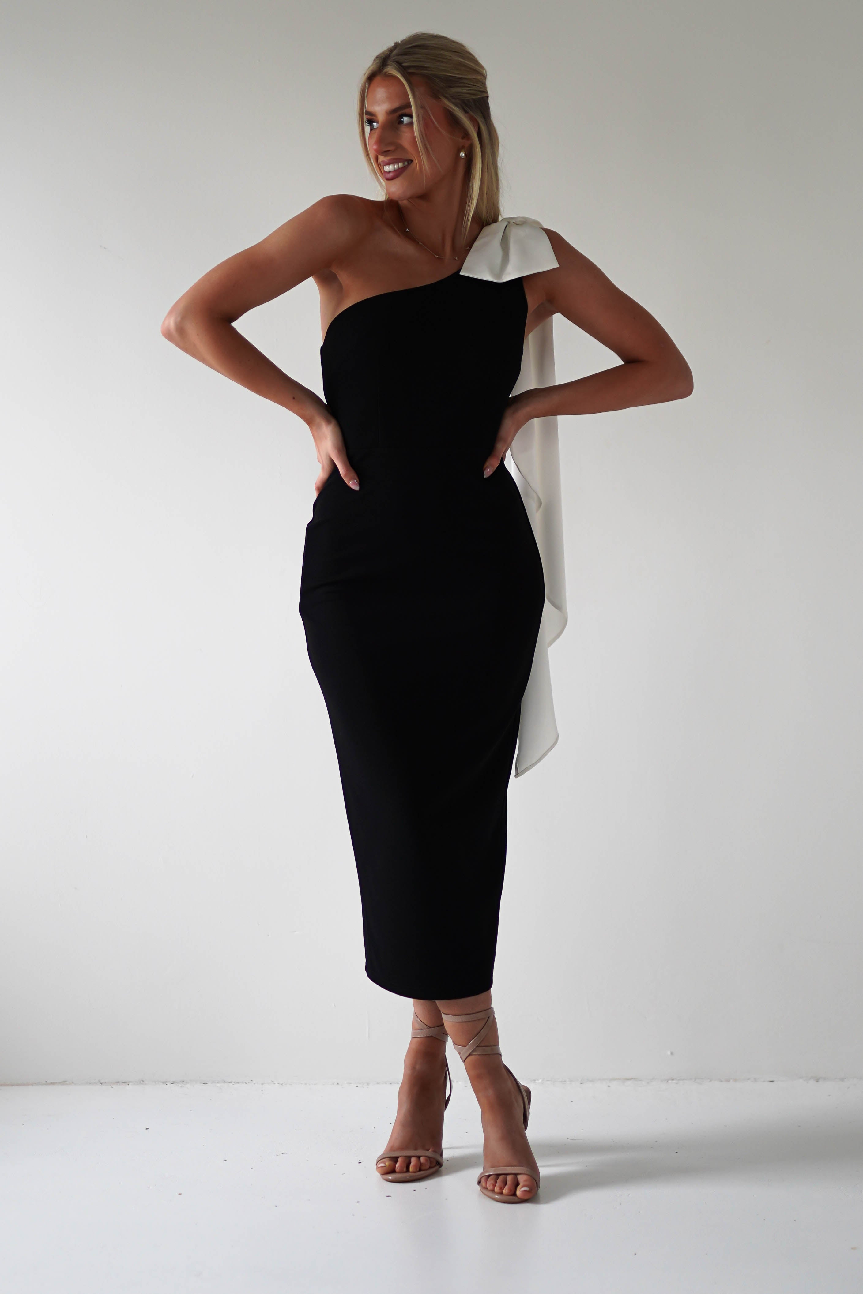 Camella Bodycon Bow Detail Midi Dress Black | Wedding Guest Dress | Bodycon | Midi | Oh Hello Clothing
