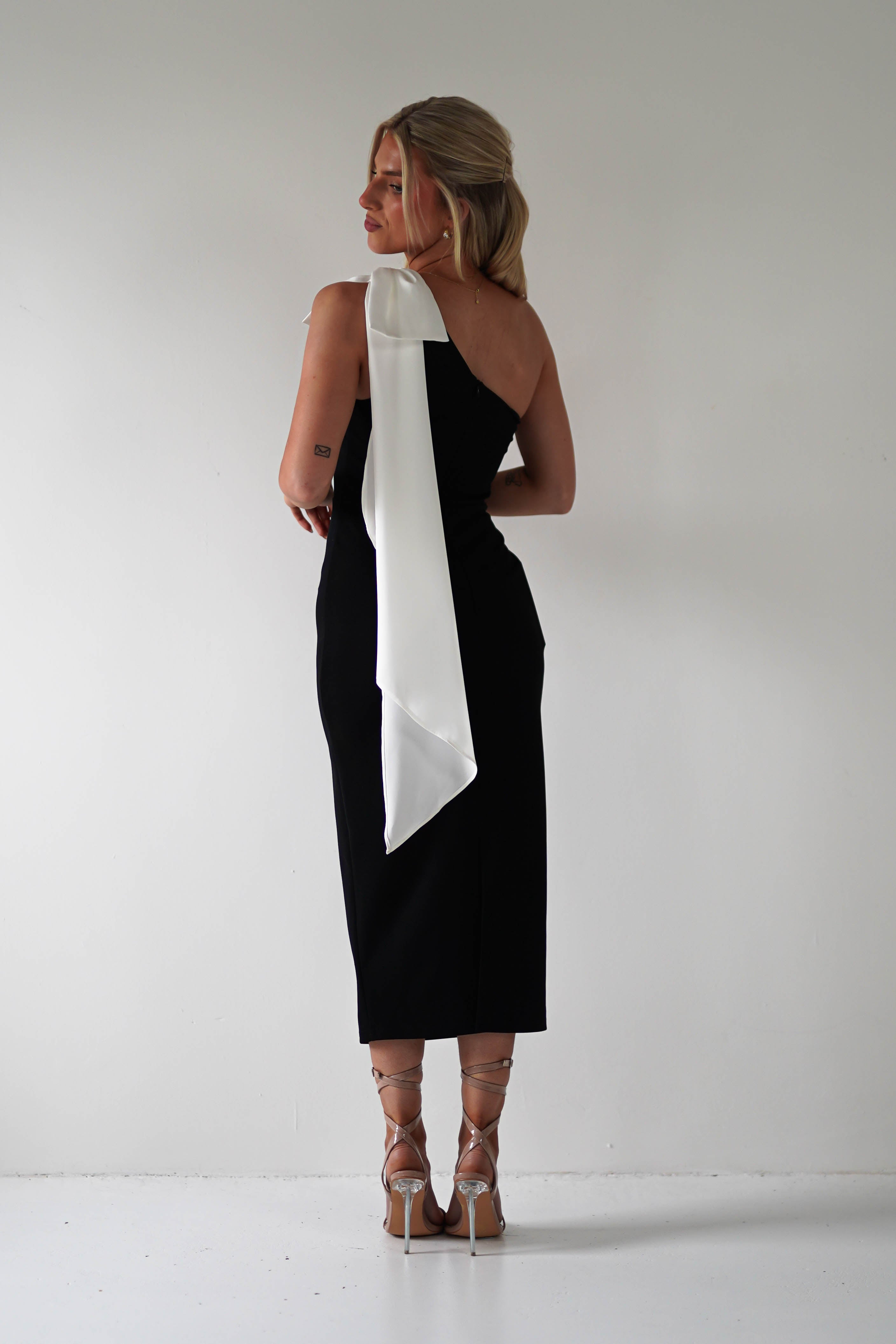 Camella Bodycon Bow Detail Midi Dress Black | Wedding Guest Dress | Bodycon | Midi | Oh Hello Clothing
