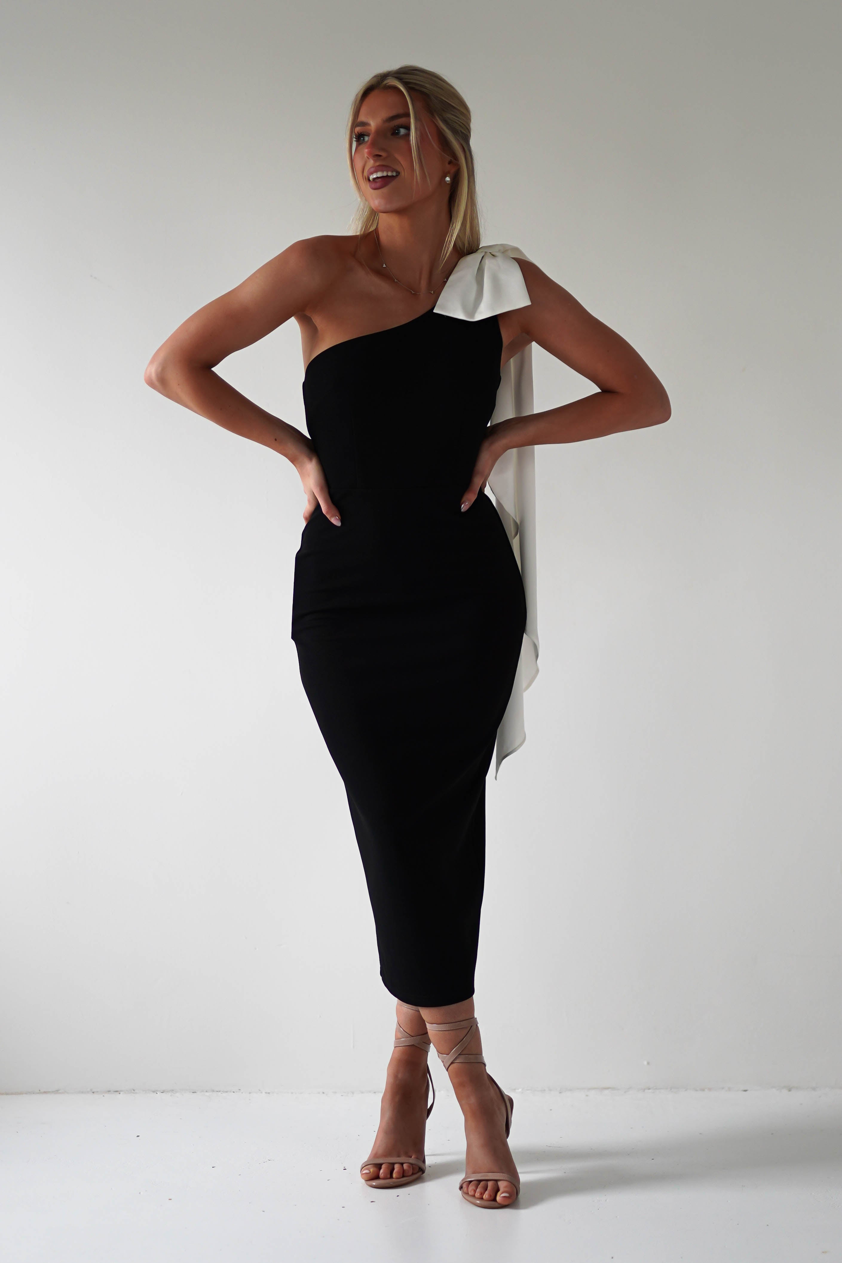 Camella Bodycon Bow Detail Midi Dress Black | Wedding Guest Dress | Bodycon | Midi | Oh Hello Clothing