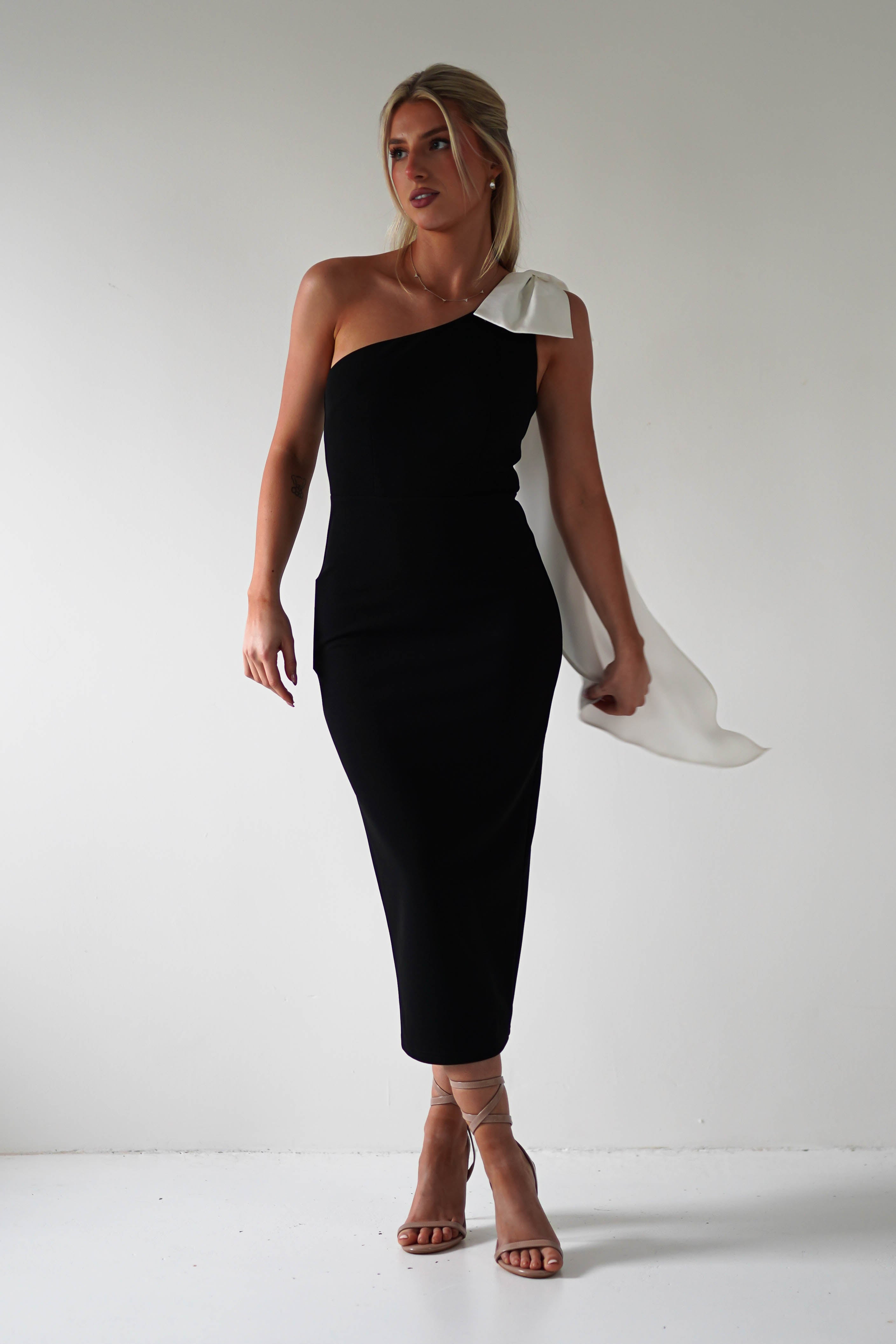 Camella Bodycon Bow Detail Midi Dress Black | Wedding Guest Dress | Bodycon | Midi | Oh Hello Clothing