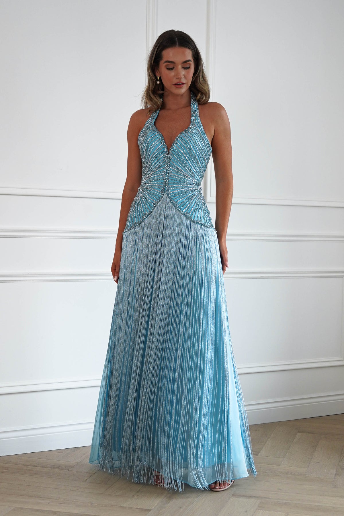 Oh Hello Clothing Women > Clothing > Dresses Cary Crystal Embellished Fringe Gown | Blue