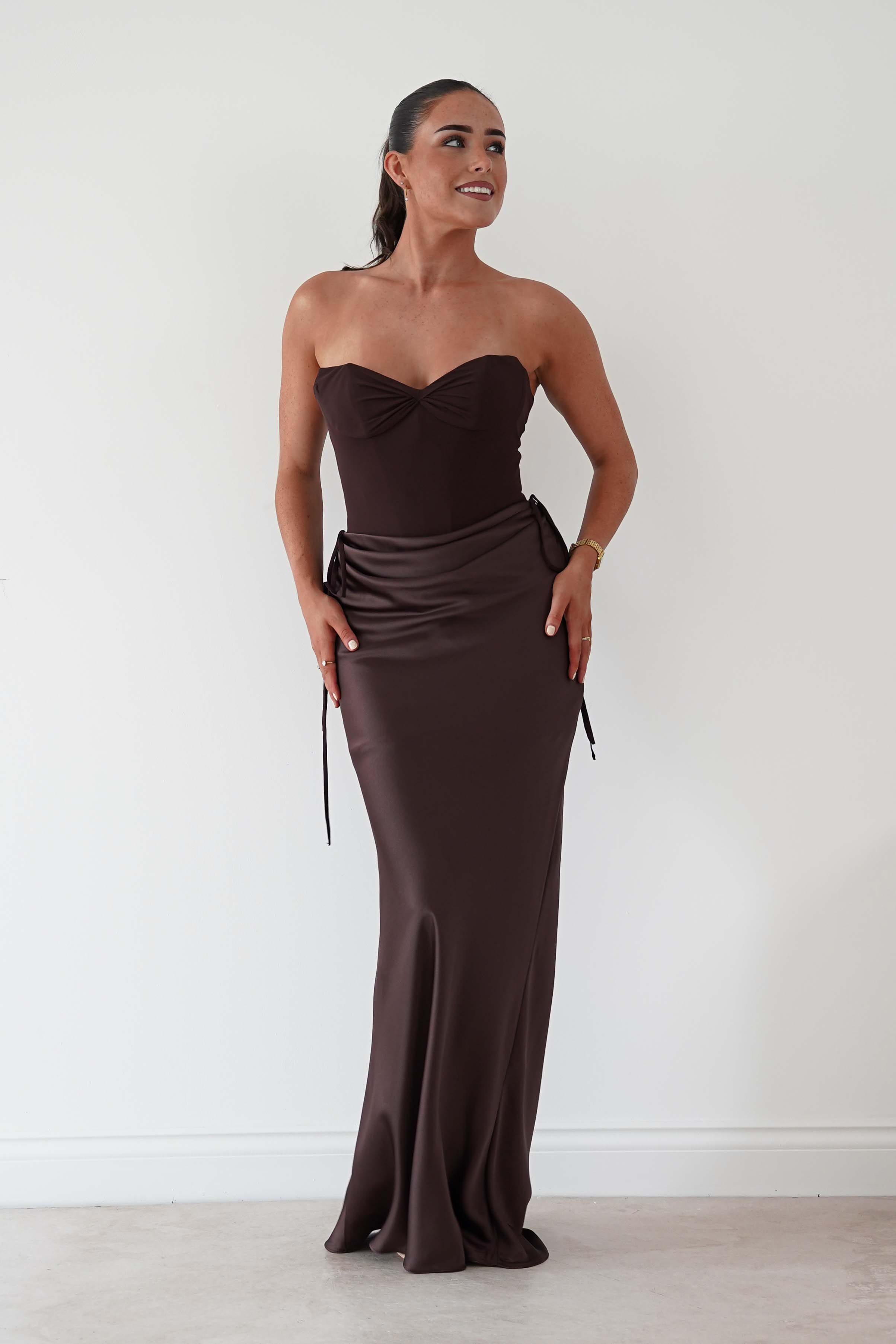 Oh Hello Clothing Dresses > Prom Dresses Cassie Strapless Corset Maxi Dress | Brown