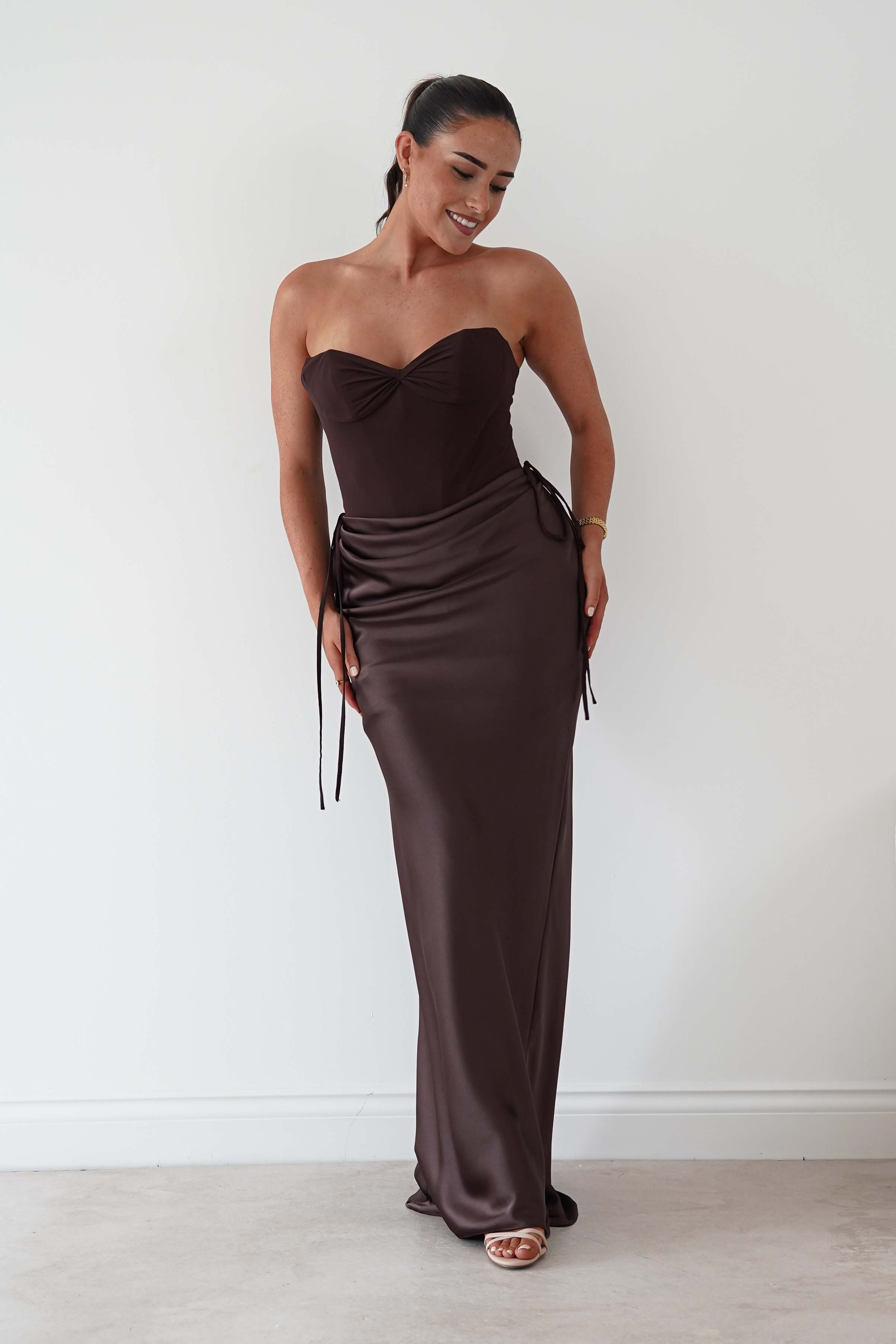 Oh Hello Clothing Dresses > Prom Dresses Cassie Strapless Corset Maxi Dress | Brown