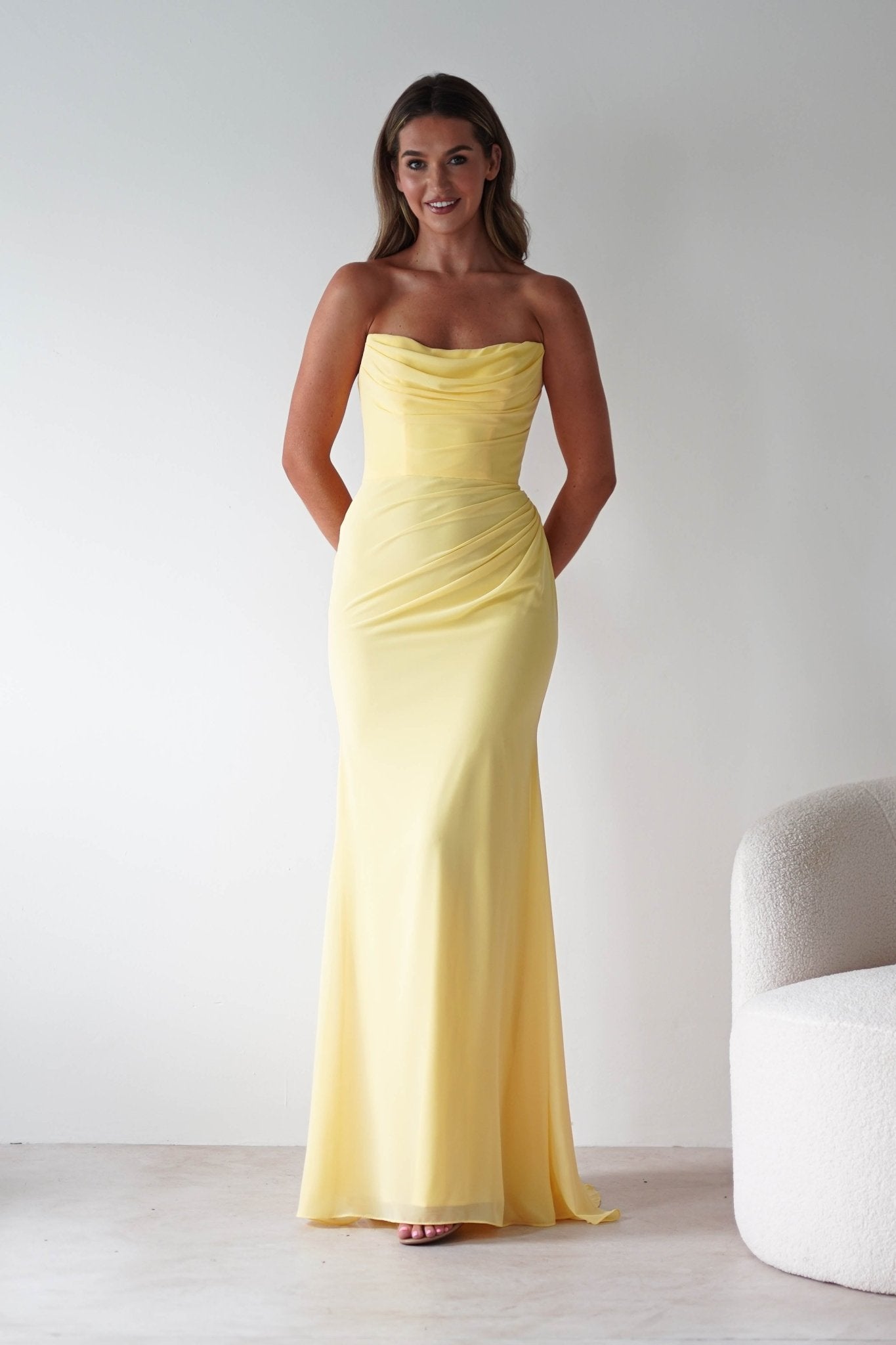 Caterina Strapless Chiffon Maxi Dress Yellow | Wedding Guest Dress | Maxi | Chiffon | Oh Hello Clothing