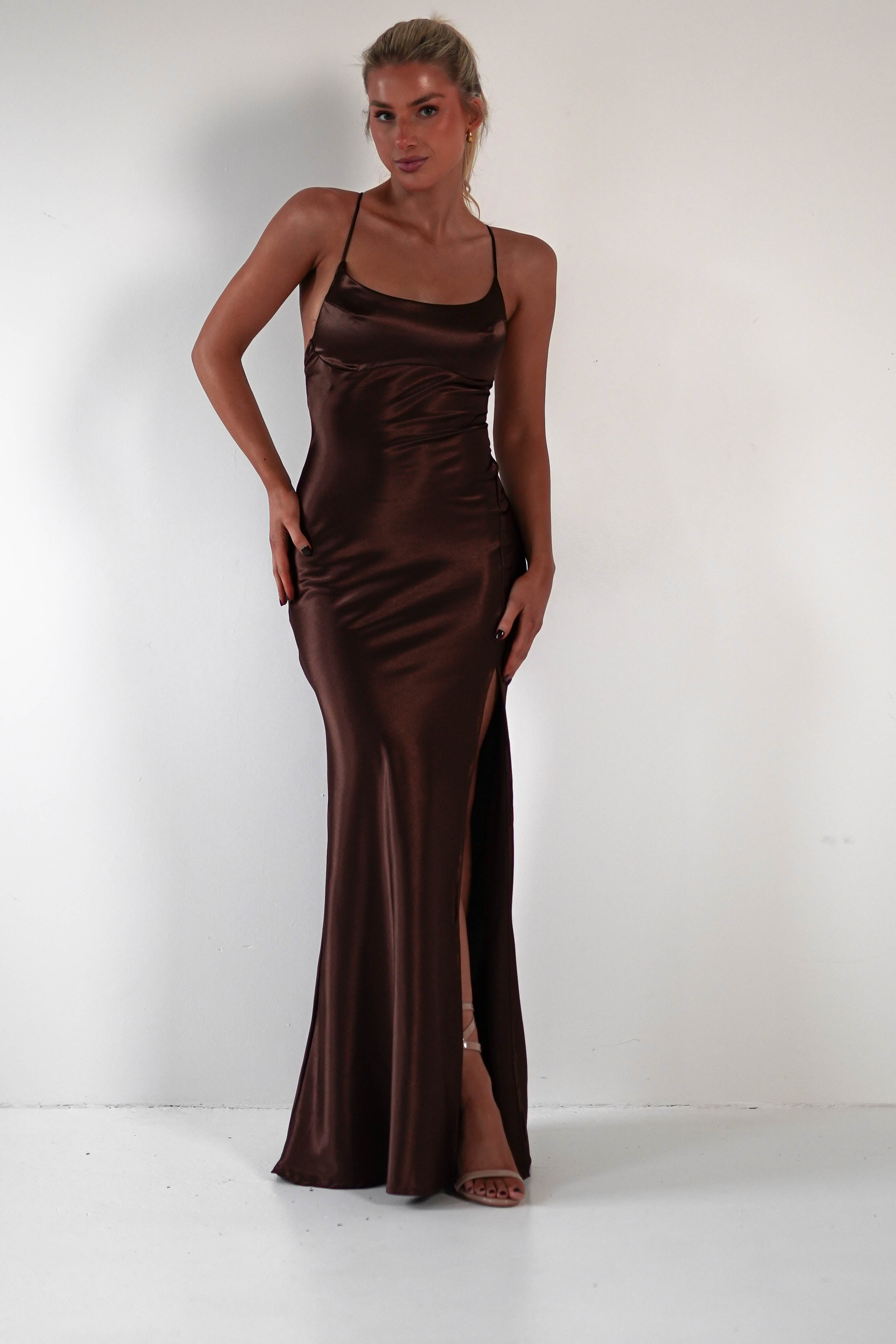 Celinee Satin Maxi Gown | Brown | Debs & Prom | Formal Gown | Oh Hello Clothing