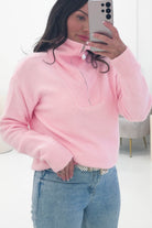 Oh Hello Clothing Women > Clothing > Knitwear ONE SIZE (6/12) Chaney Half Pink Zip Jumper | Pink