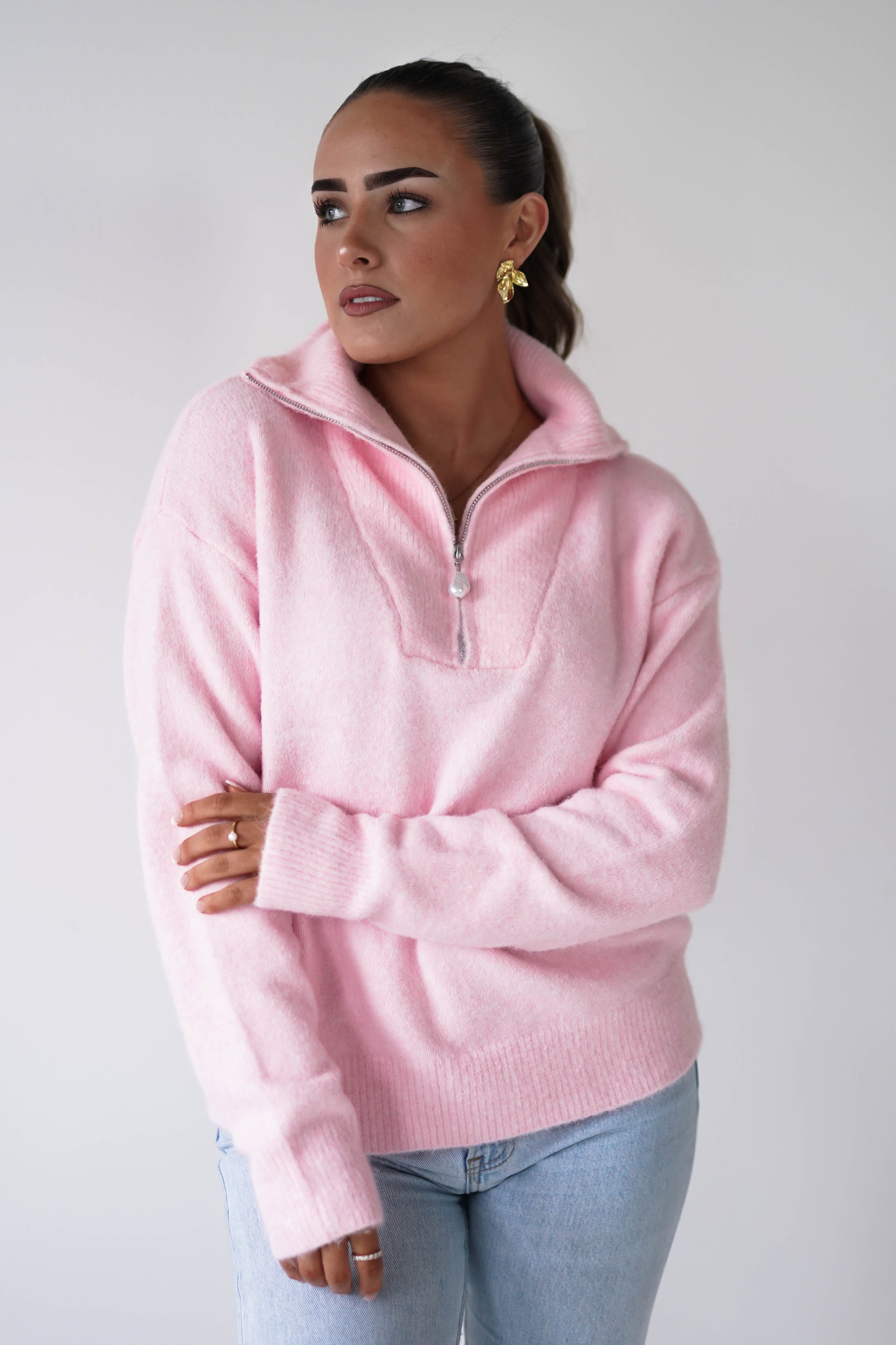 Oh Hello Clothing Women > Clothing > Knitwear ONE SIZE (6/12) Chaney Half Pink Zip Jumper | Pink