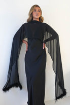 Oh Hello Clothing S (8) Chelle Chiffon Wrap Shawl With Feather Trim | Black