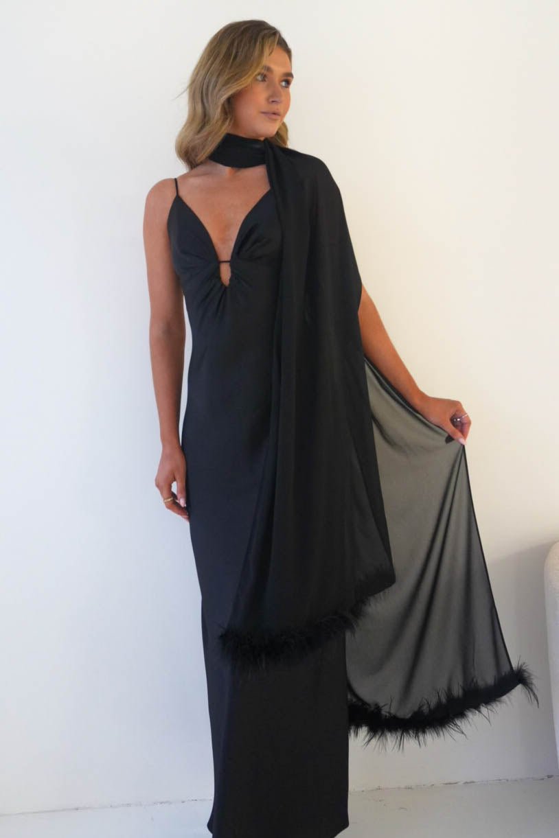 Oh Hello Clothing S (8) Chelle Chiffon Wrap Shawl With Feather Trim | Black