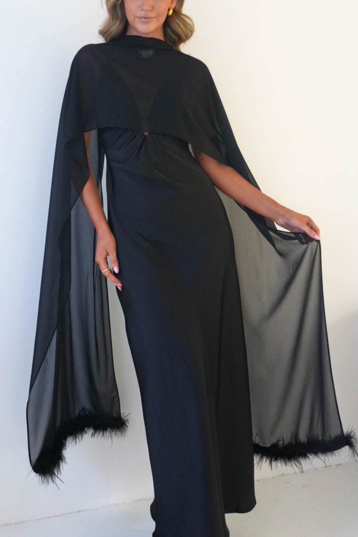 Oh Hello Clothing S (8) Chelle Chiffon Wrap Shawl With Feather Trim | Black