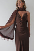 Oh Hello Clothing S (8) Chelle Chiffon Wrap Shawl With Feather Trim | Brown