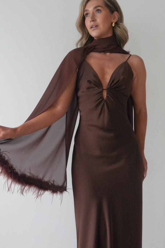 Oh Hello Clothing S (8) Chelle Chiffon Wrap Shawl With Feather Trim | Brown