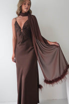 Oh Hello Clothing S (8) Chelle Chiffon Wrap Shawl With Feather Trim | Brown