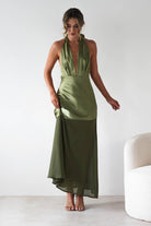Cheree Silky Halterneck Maxi Dress Olive | Wedding Guest Dress | Halter Neck | Maxi | Oh Hello Clothing