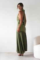 Cheree Silky Halterneck Maxi Dress Olive | Wedding Guest Dress | Halter Neck | Maxi | Oh Hello Clothing