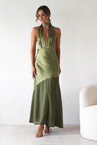 Cheree Silky Halterneck Maxi Dress Olive | Wedding Guest Dress | Halter Neck | Maxi | Oh Hello Clothing