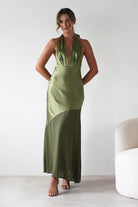 Cheree Silky Halterneck Maxi Dress Olive | Wedding Guest Dress | Halter Neck | Maxi | Oh Hello Clothing