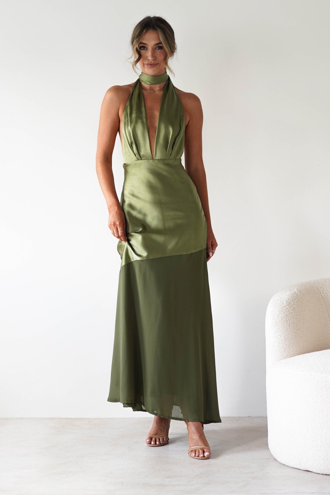 Cheree Silky Halterneck Maxi Dress Olive | Wedding Guest Dress | Halter Neck | Maxi | Oh Hello Clothing