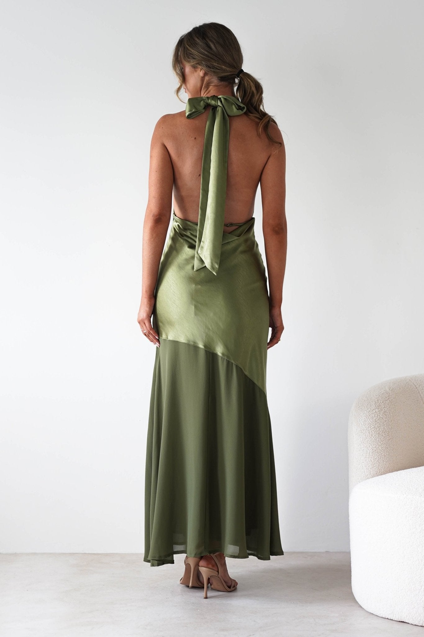 Cheree Silky Halterneck Maxi Dress Olive | Wedding Guest Dress | Halter Neck | Maxi | Oh Hello Clothing