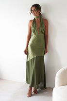 Cheree Silky Halterneck Maxi Dress Olive | Wedding Guest Dress | Halter Neck | Maxi | Oh Hello Clothing