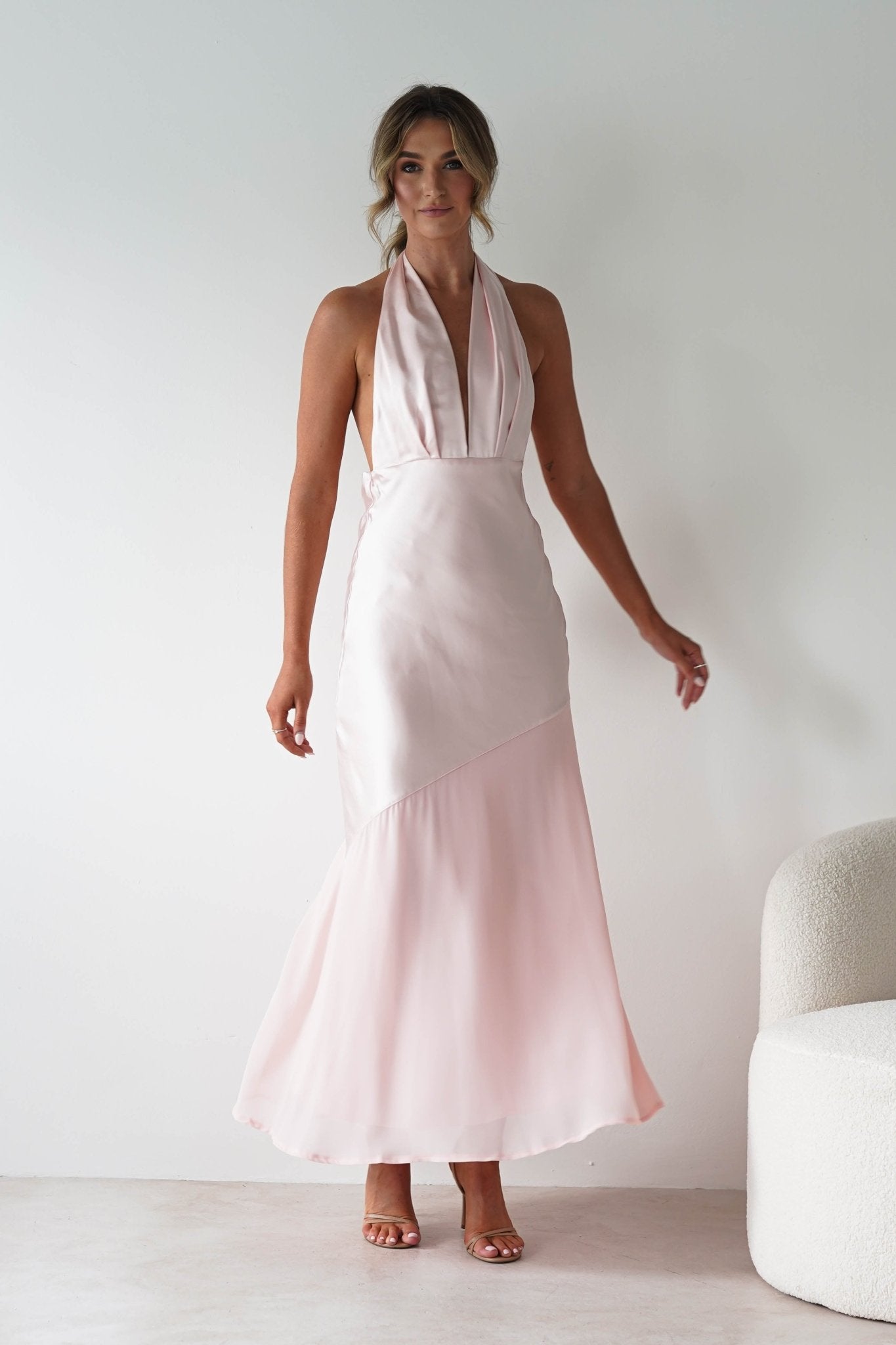 Cheree Silky Halterneck Maxi Dress Pink | Wedding Guest Dress | Halter Neck | Maxi | Oh Hello Clothing