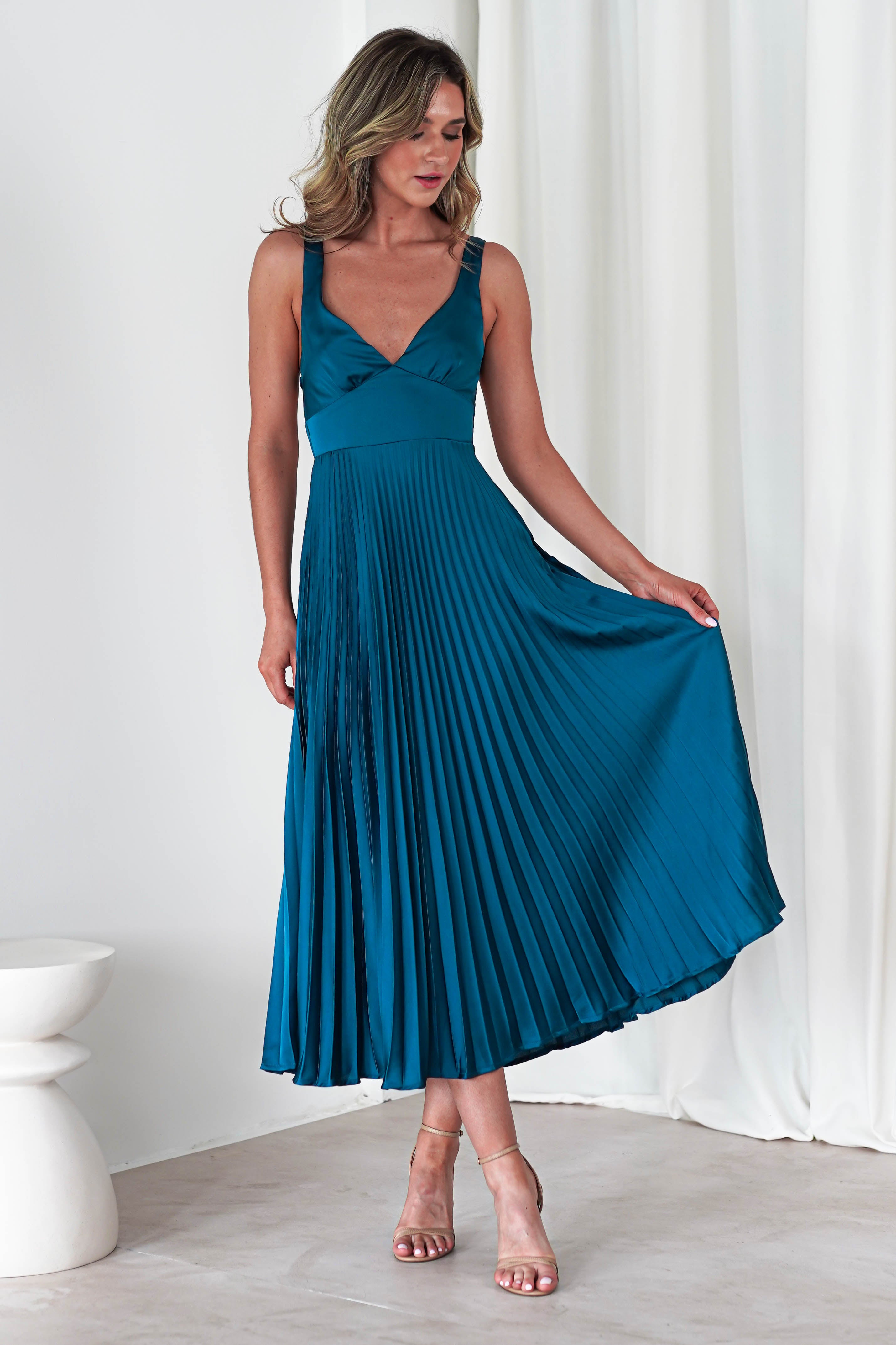 Cheri Pleated Midaxi Dress | Teal | Oh Hello Clothing