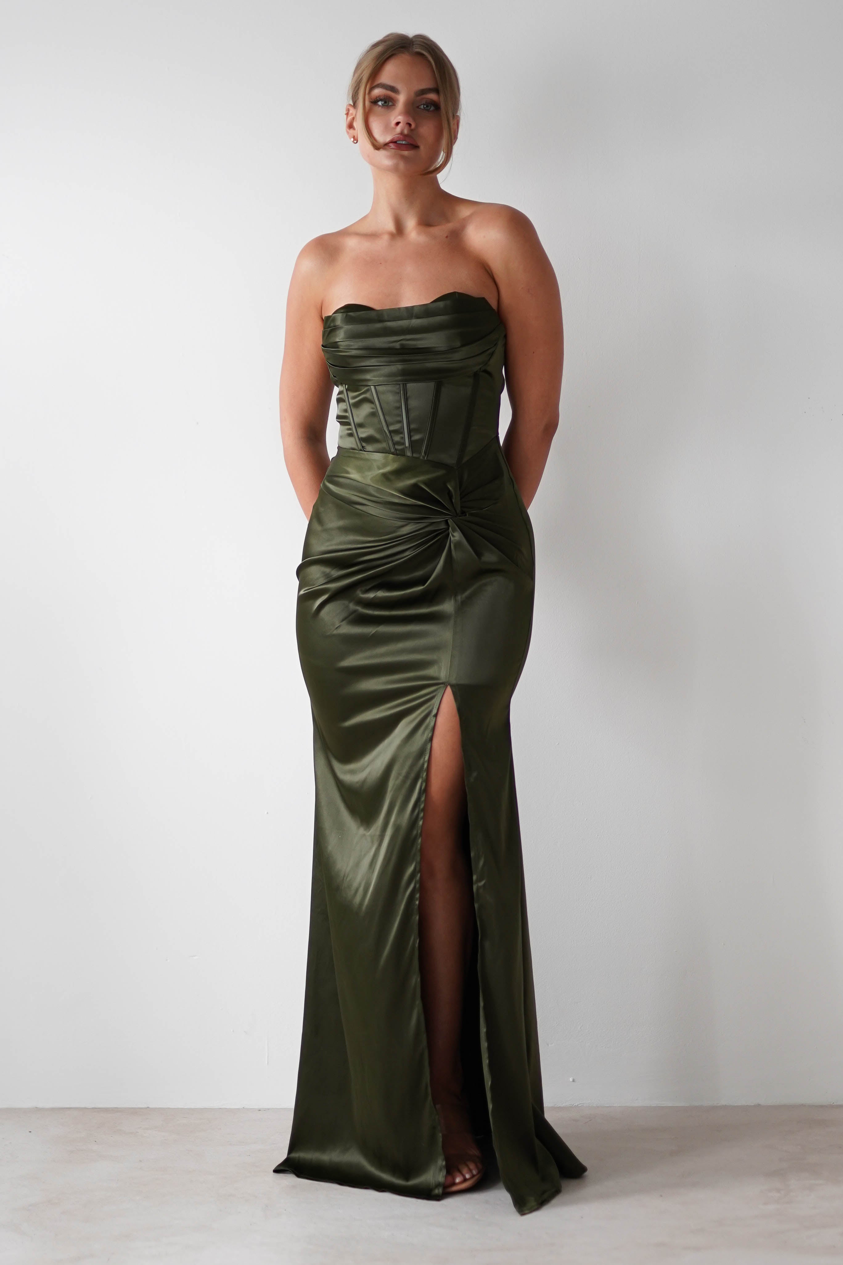 Clydee Soft Corset Maxi Gown | Olive | Debs & Prom | Formal Gown | Oh Hello Clothing