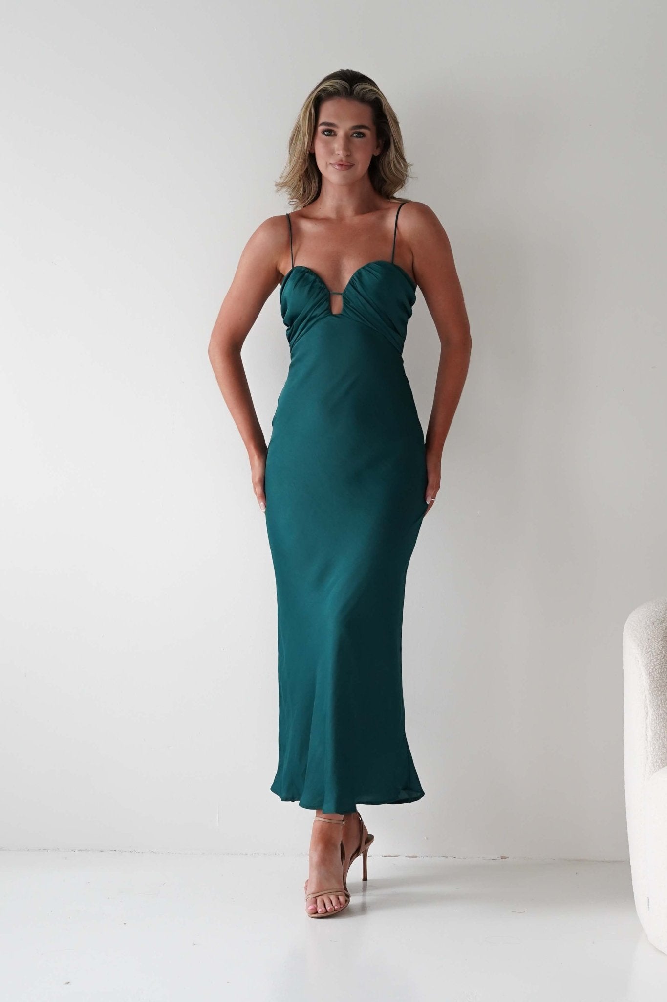Colorado Soft Satin Midi Dress | Emerald Green | Wedding Guest Dress | Oh Hello Clothing
