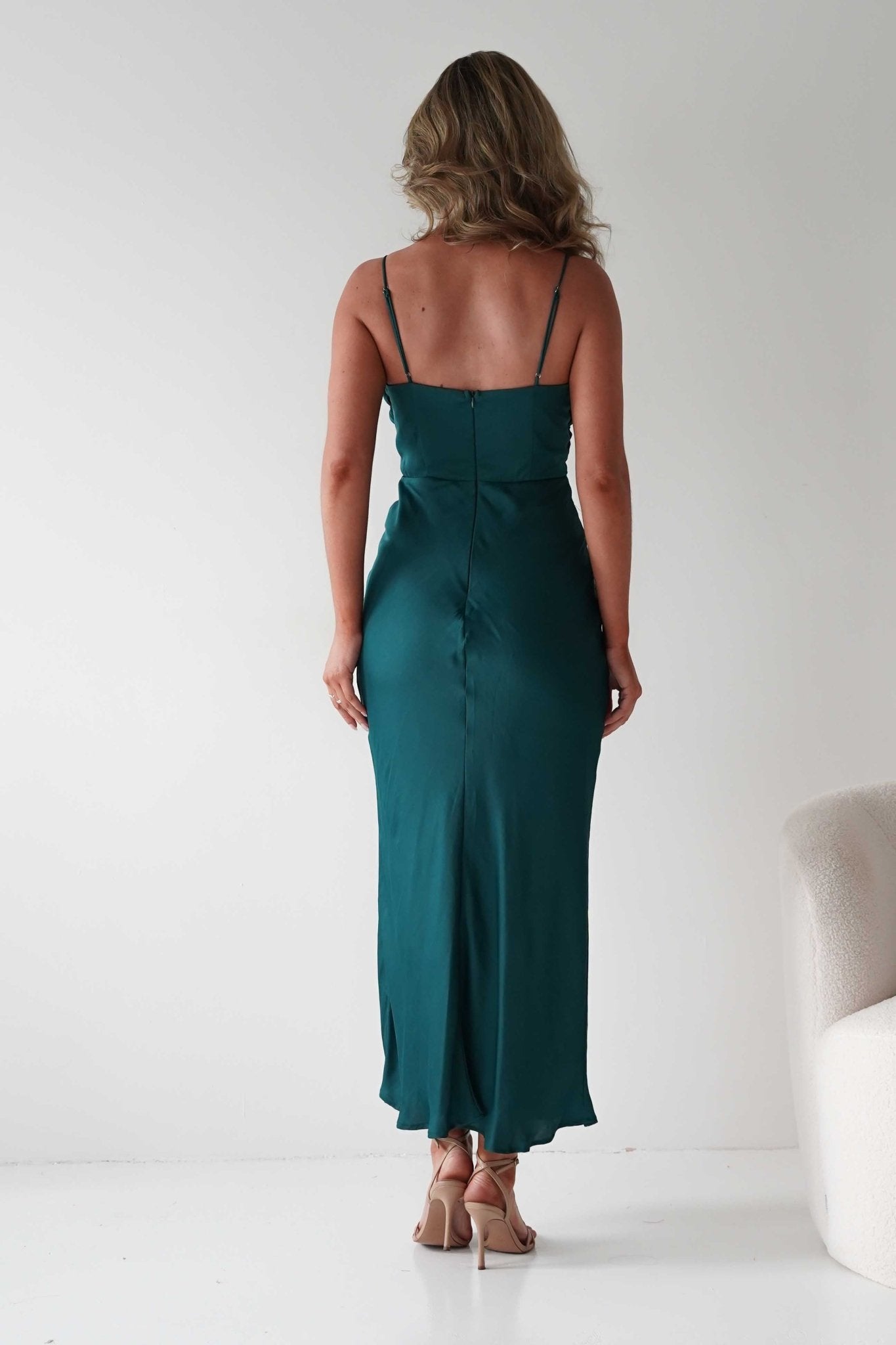 Colorado Soft Satin Midi Dress | Emerald Green | Wedding Guest Dress | Oh Hello Clothing