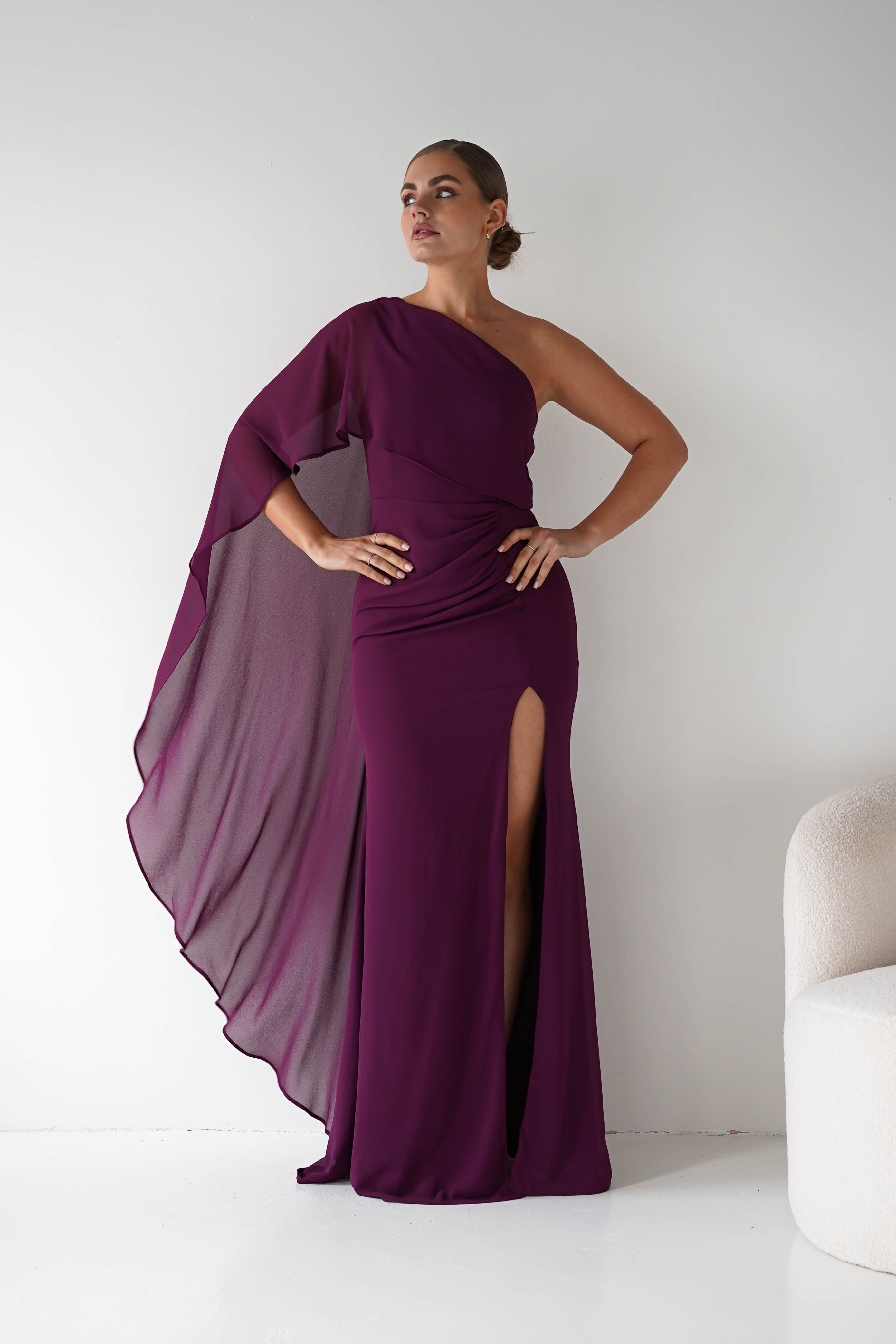 Oh Hello Clothing Women > Clothing > Dresses Criselda One Shoulder Chiffon Maxi Dress | Plum