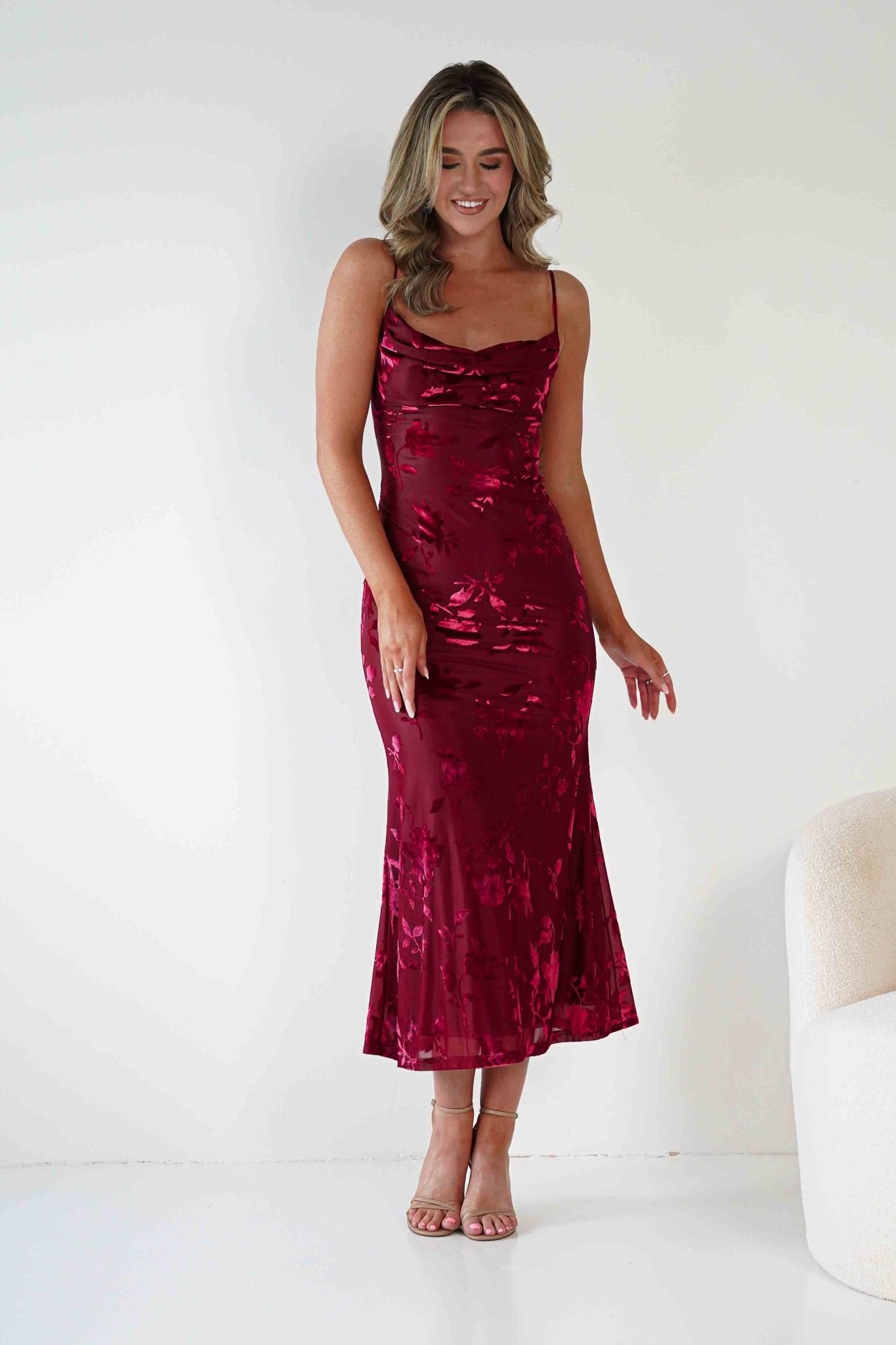 Dahlia Floral Jacquard Maxi Dress Wine | Wedding Guest Dress | Maxi | Oh Hello Clothing