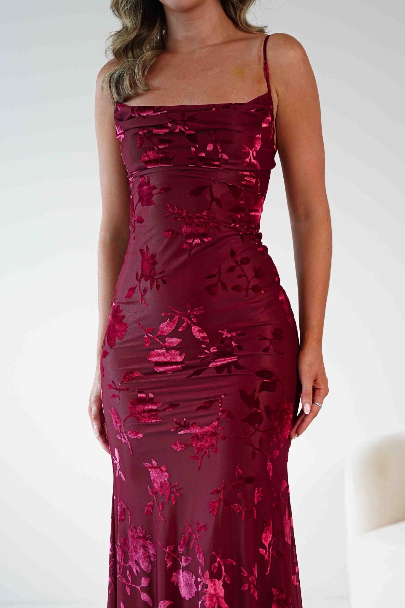 Dahlia Floral Jacquard Maxi Dress Wine | Wedding Guest Dress | Maxi | Oh Hello Clothing