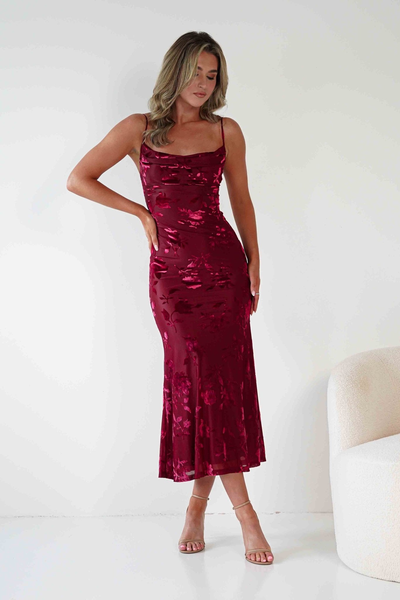 Dahlia Floral Jacquard Maxi Dress Wine | Wedding Guest Dress | Maxi | Oh Hello Clothing