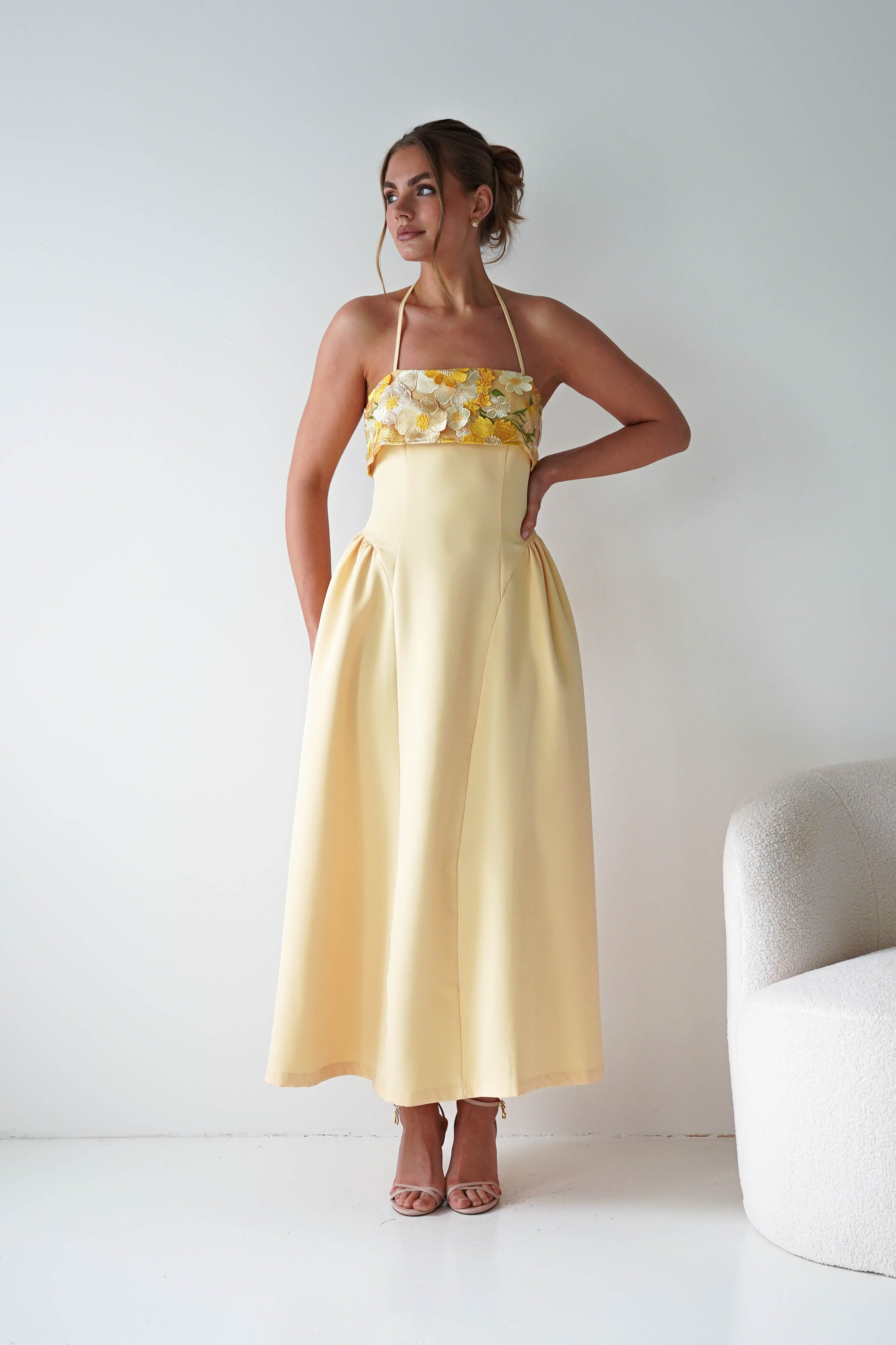 Oh Hello Clothing Women > Clothing > Dresses Daphne Embroidered Floral Midaxi Dress | Yellow